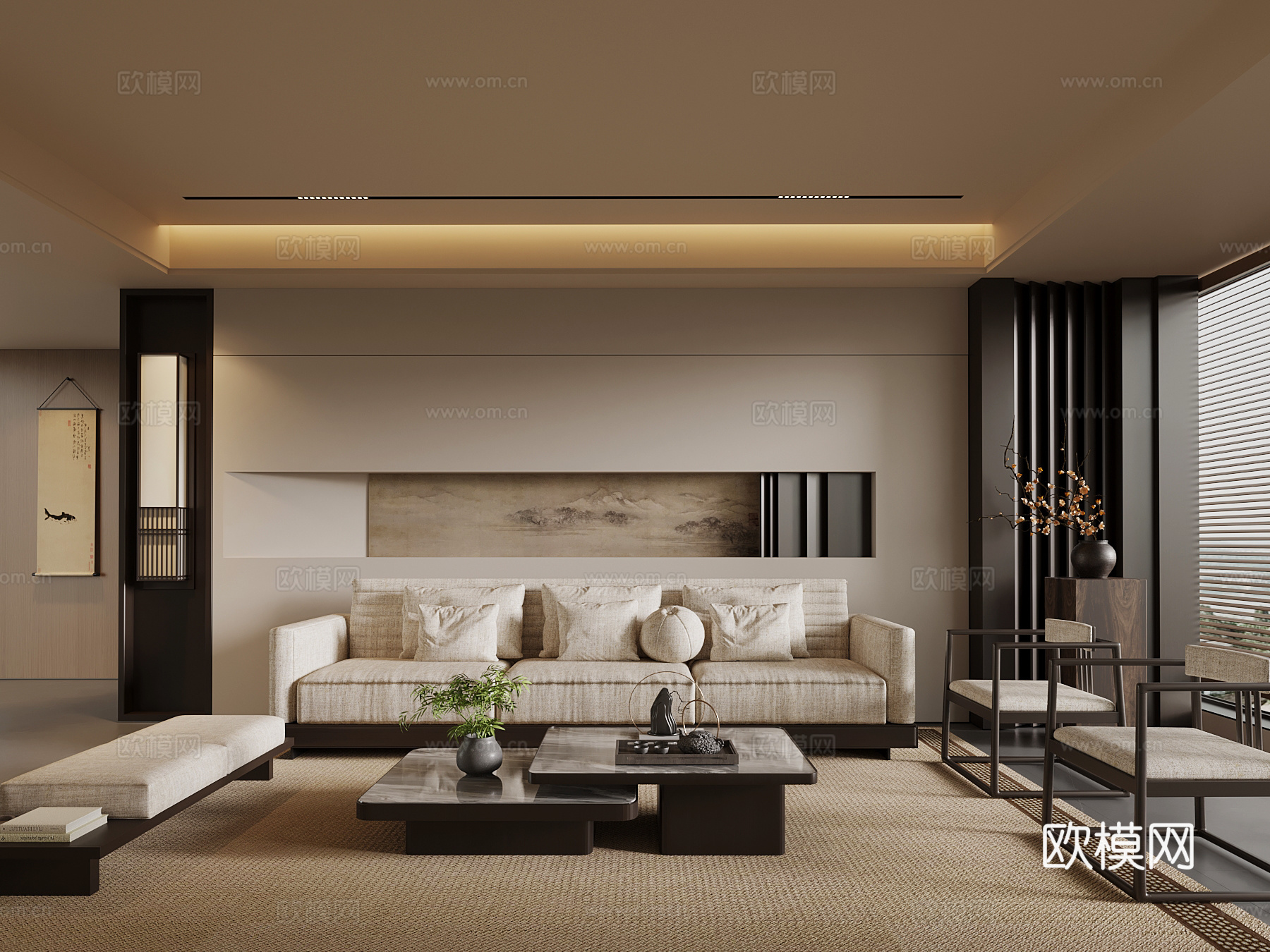 新中式客厅 沙发茶几组合 背景墙su模型