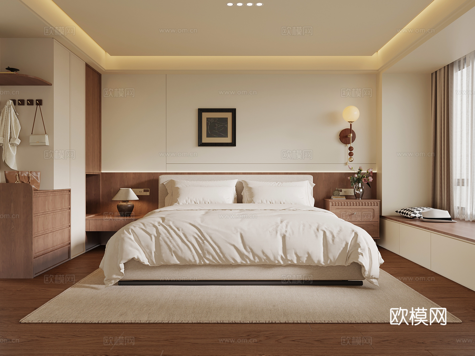 现代中古风家居卧室 双人床 衣柜3d模型