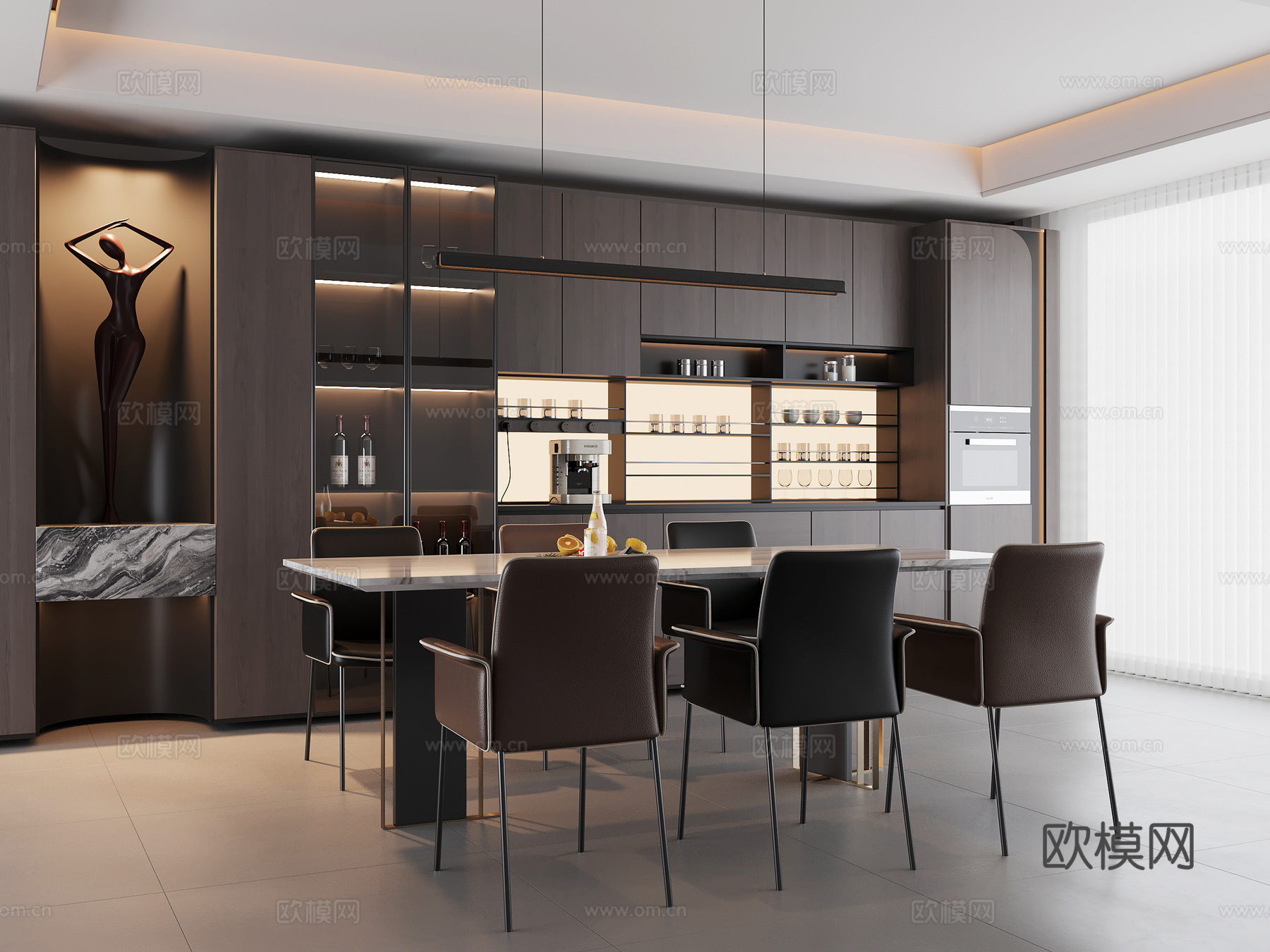 现代意式餐厅 餐桌椅 餐边柜 酒柜su模型