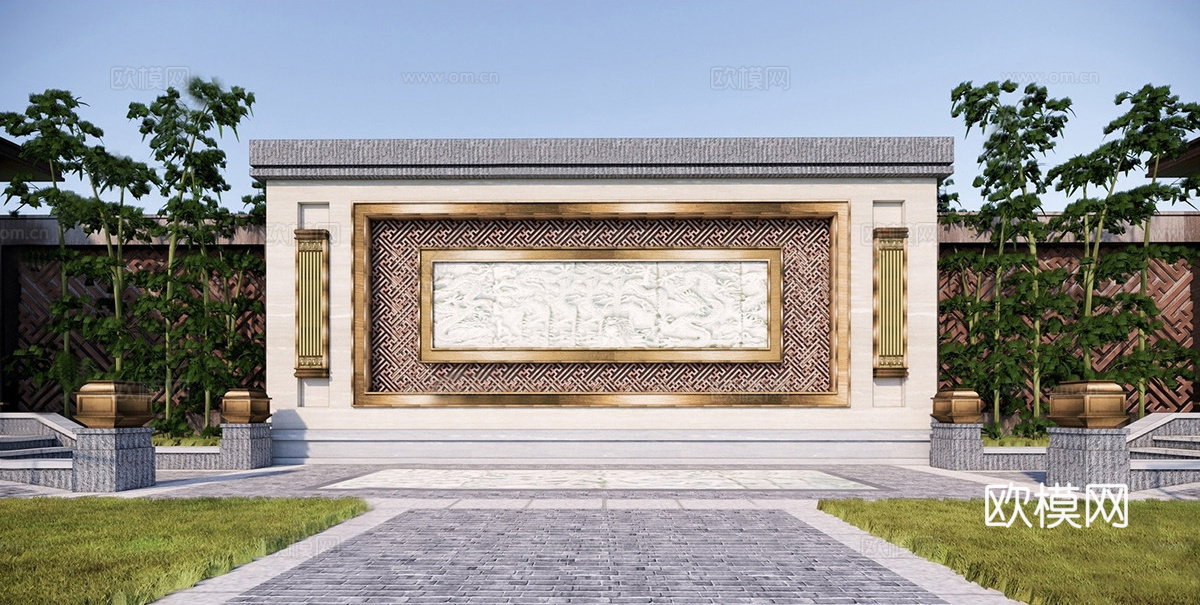 中式景墙 庭院景观su模型
