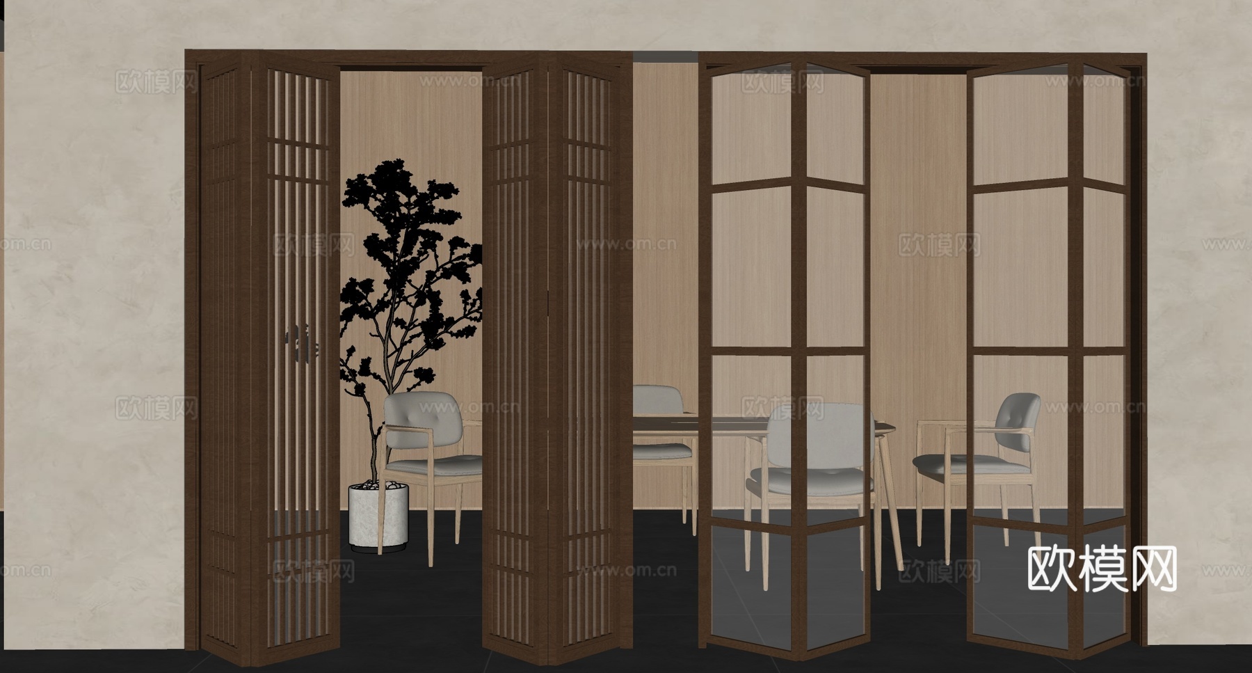 新中式折叠门 简约折叠门 新中式阳台折叠门 折叠木门su模型
