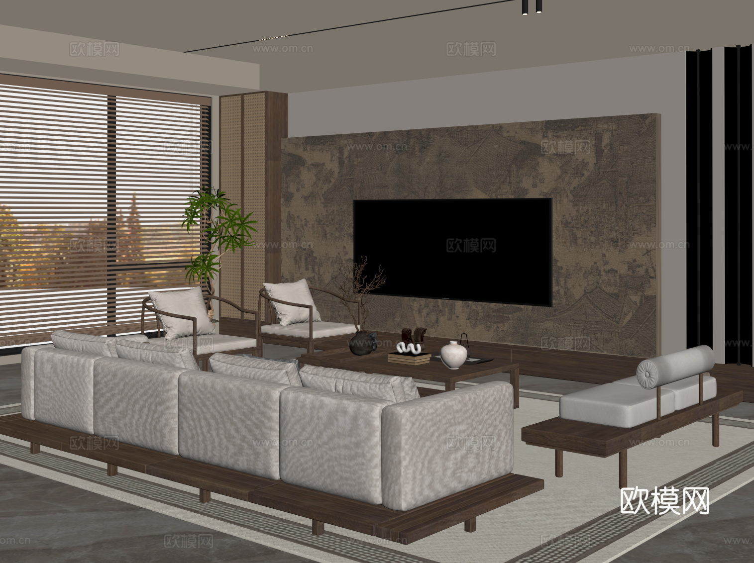 新中式客厅 沙发茶几组合 电视背景墙su模型