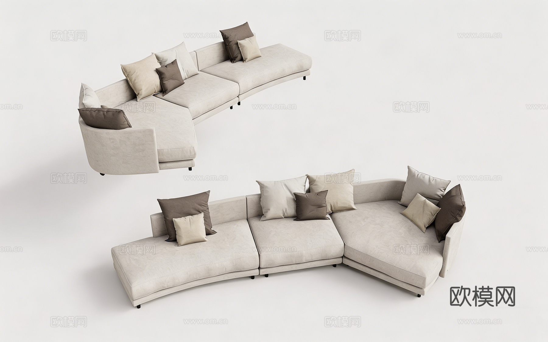 现代简约模块化弧形L型布艺沙发 带抱枕 客厅家具 弧形沙发su模型