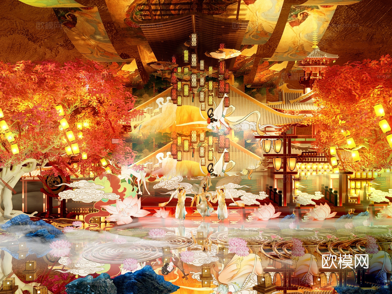 新中式国潮网红打卡 古风灯会 舞台美陈su模型