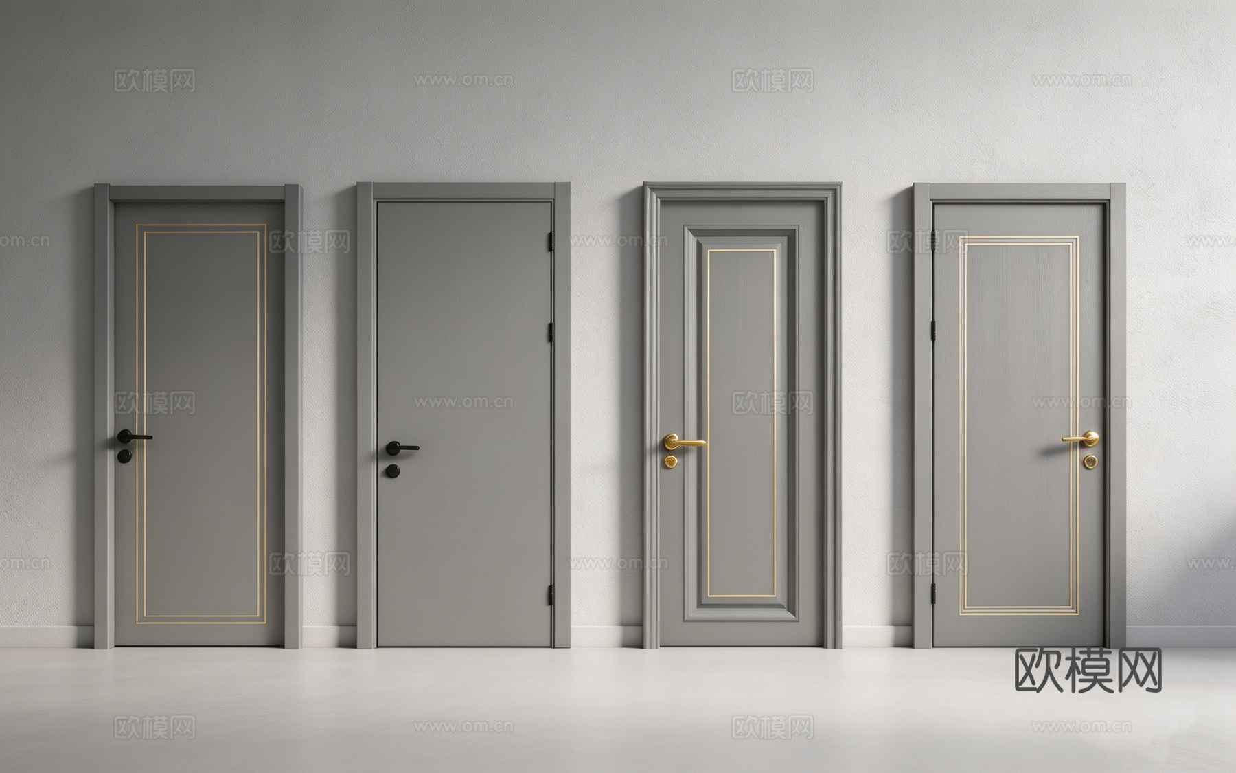 现代轻奢灰色室内门 带金色矩形装饰线条 金色把手 卧室书房门su模型