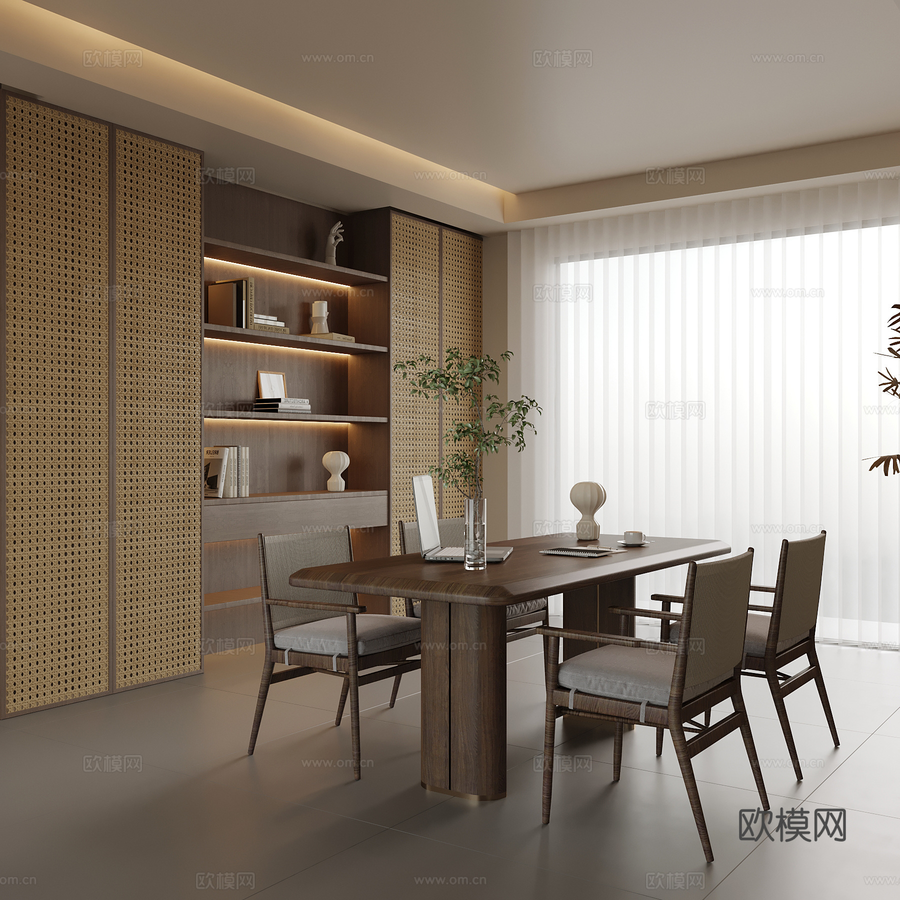 新中式书房 书桌椅su模型