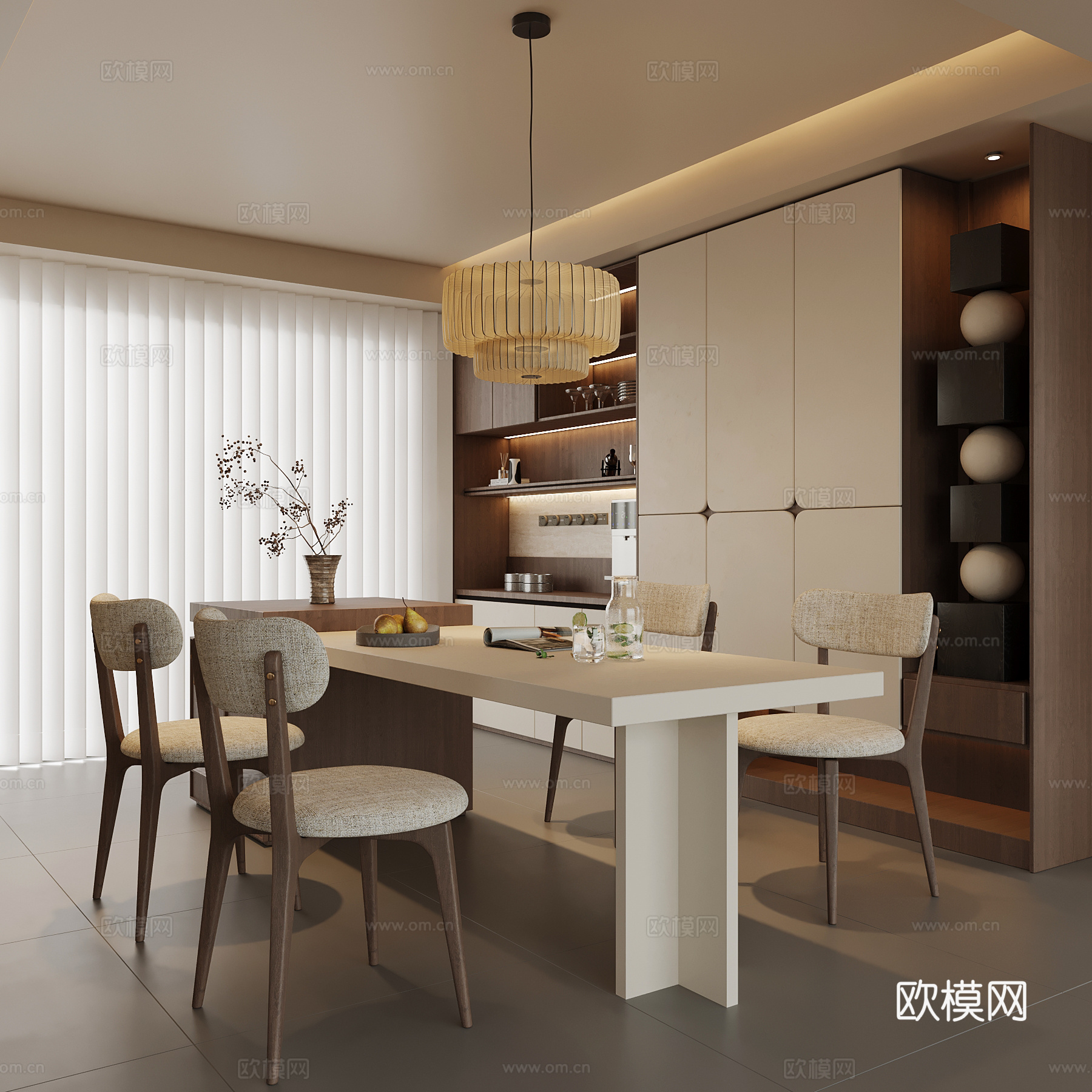 现代中古风餐厅 餐桌椅 餐边柜 岛台su模型