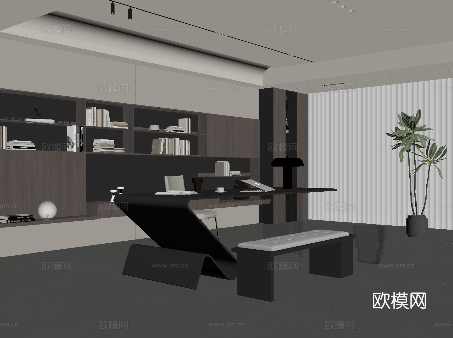 现代意式书房 书柜 背景墙 书桌椅su模型