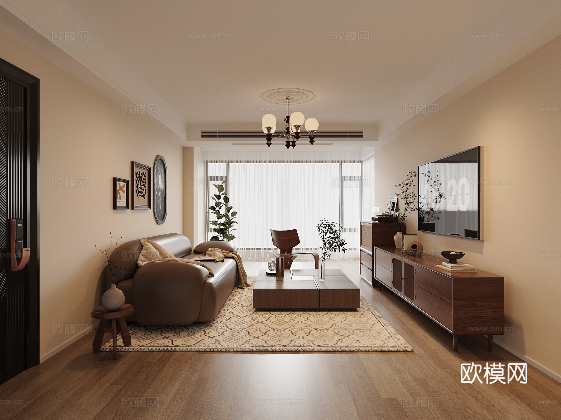 中古复古风家居客厅 电视柜 沙发茶几组合su模型