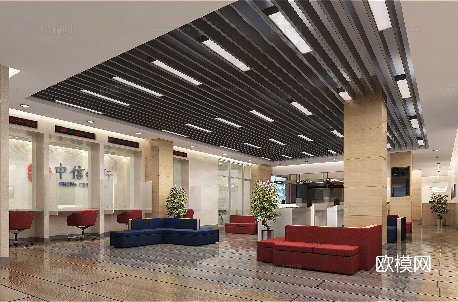 现代 中信银行营业大厅 银行 填单台 取号机 窗口3d模型