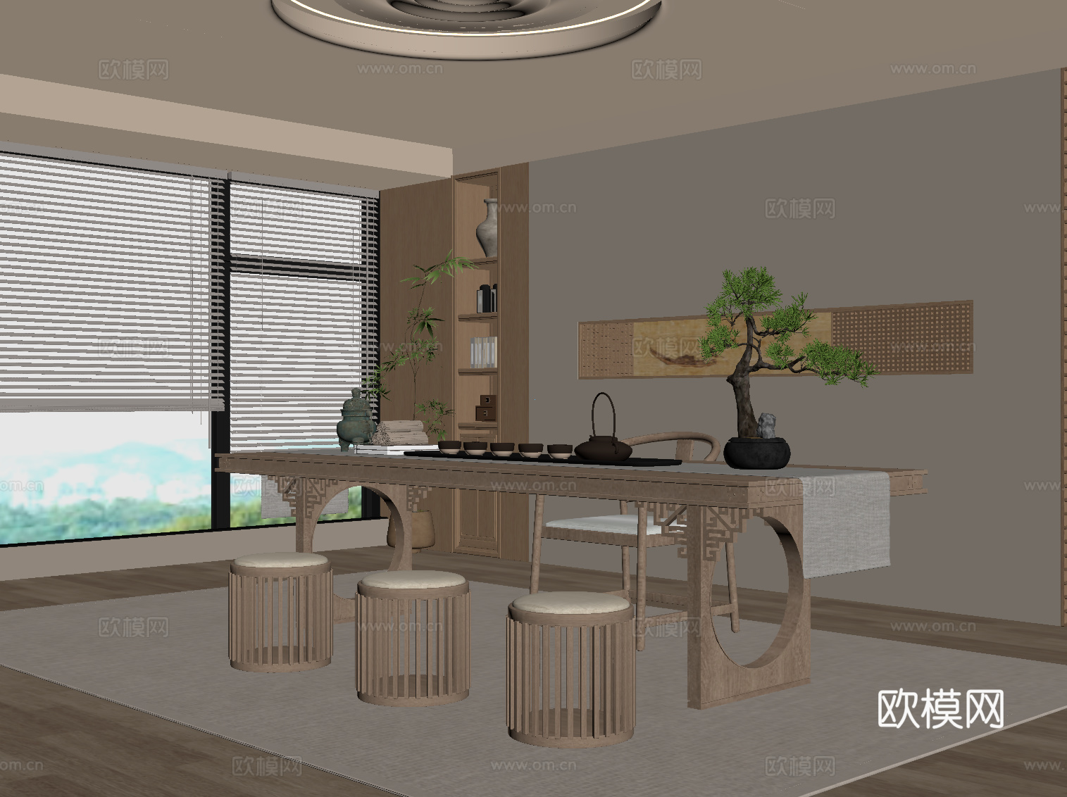 新中式茶室 茶桌椅su模型