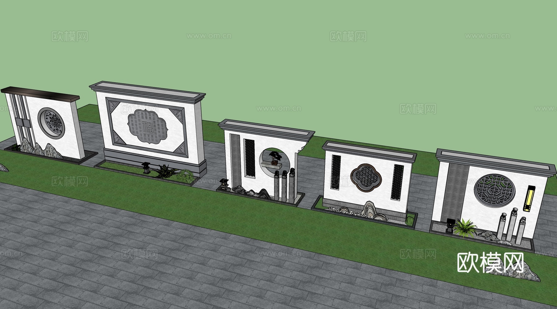 新中式镂空雕景墙 花围墙景墙 影壁 别墅庭院照壁su模型