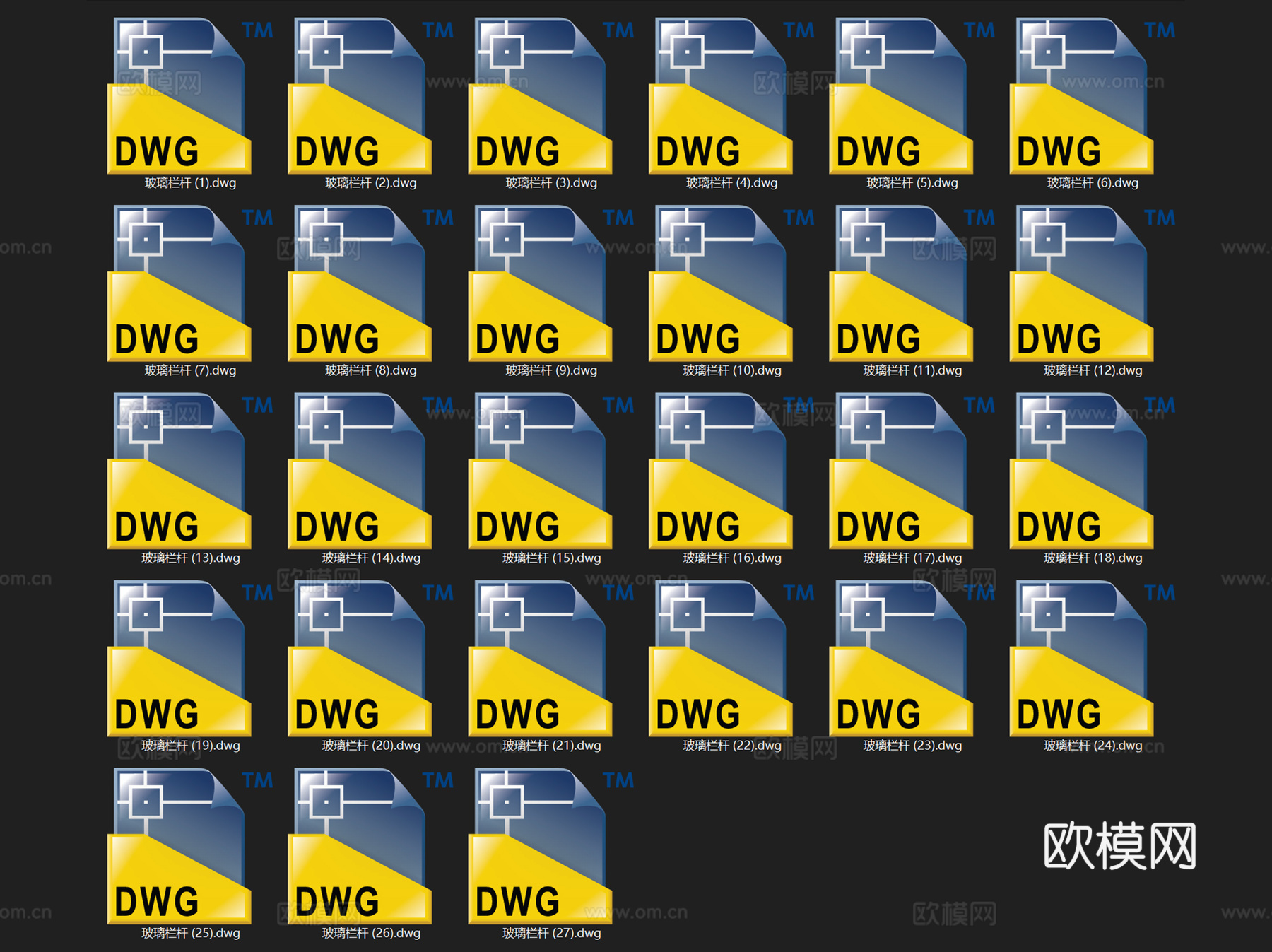 玻璃栏杆护栏隔断扶手节点CAD施工图集 27套cad施工图