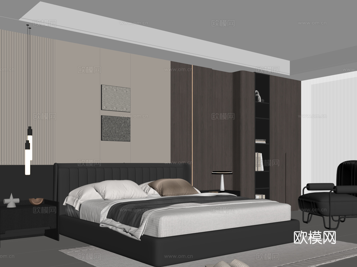 现代意式卧室 双人床 背景墙 床头柜su模型