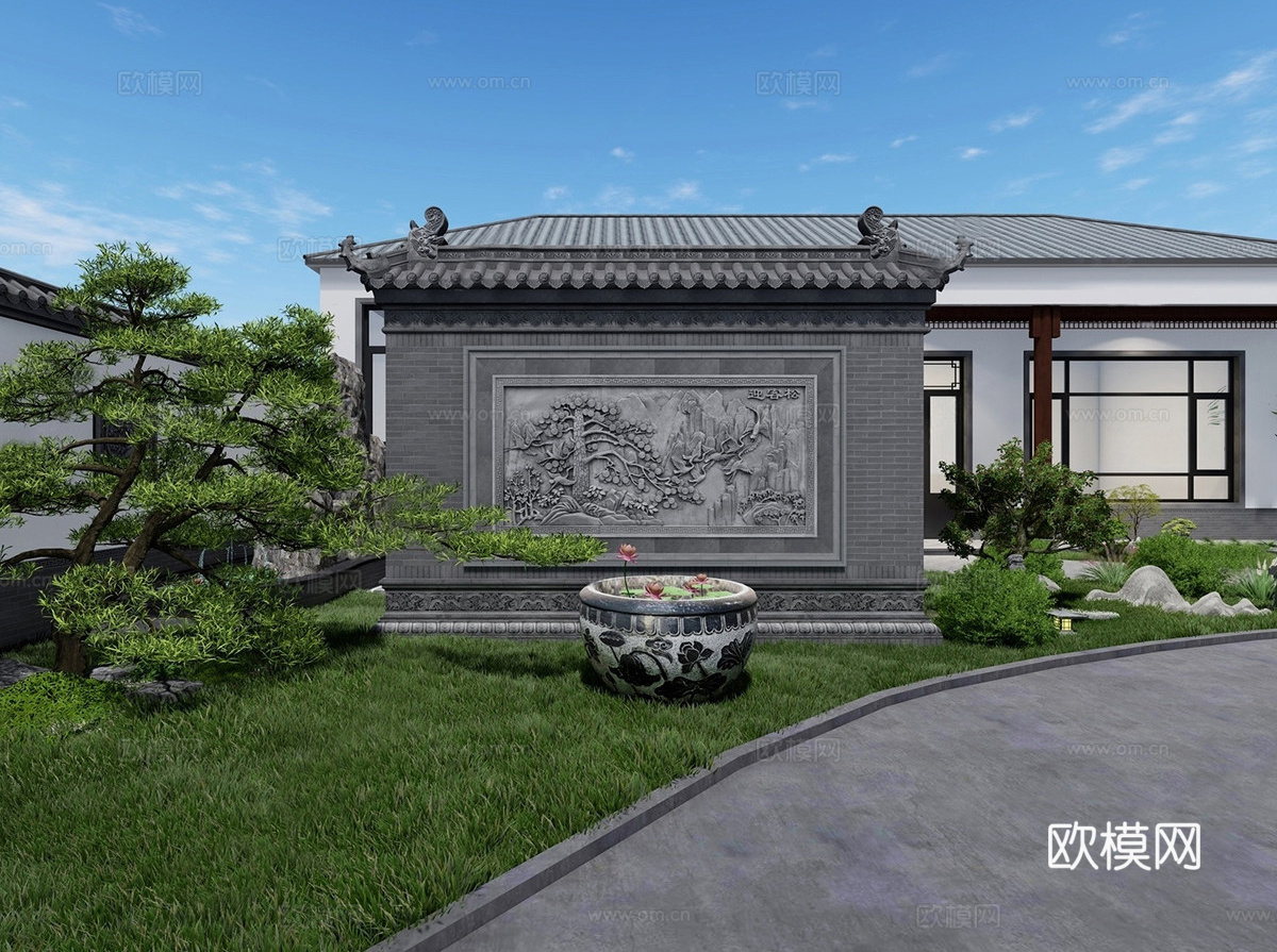 新中式景墙 假水系石缸 庭院景观su模型