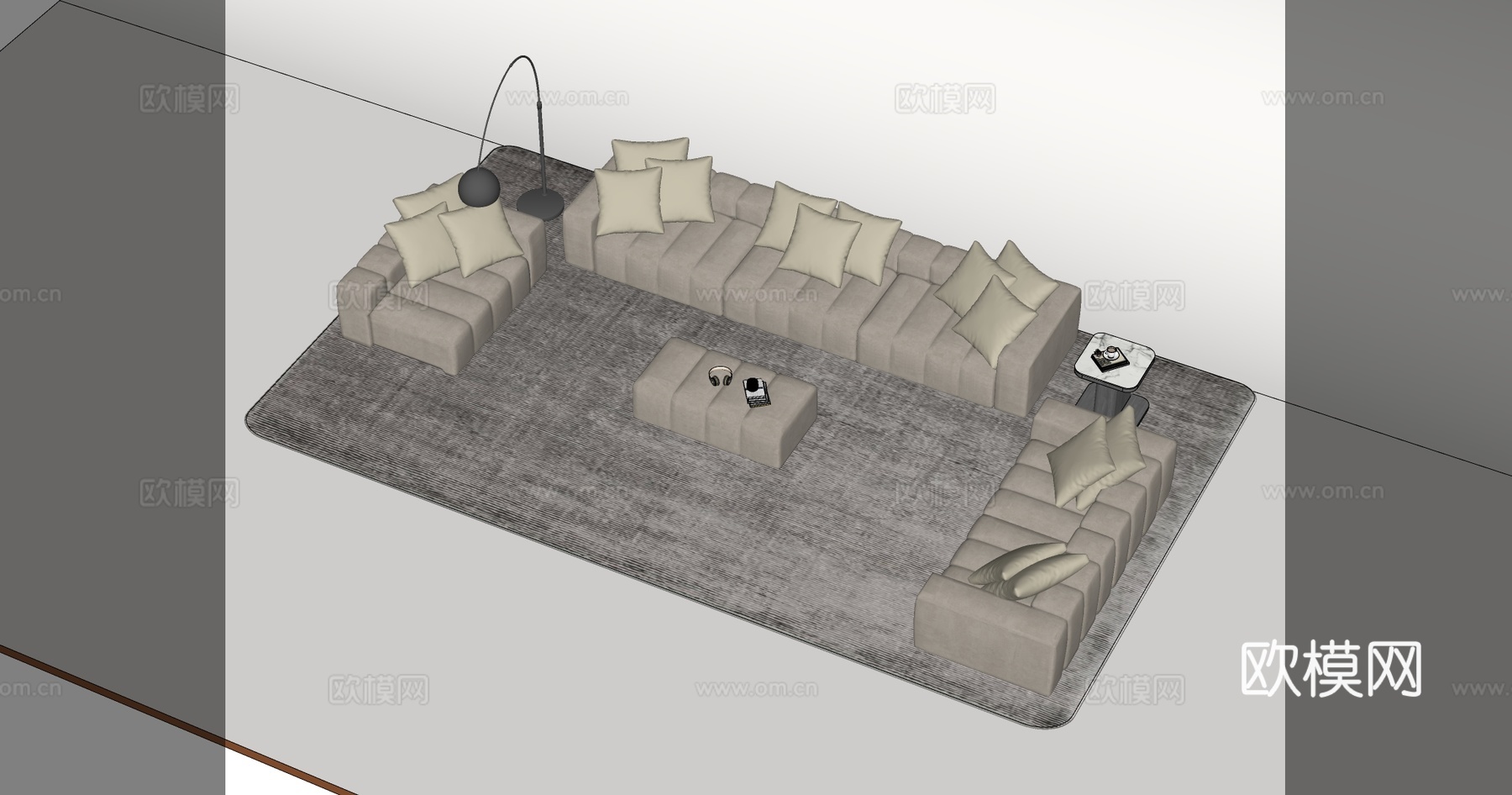 ​ 现代简约浅米色L型布艺沙发 组合沙发 浅米色沙发 黑色落su模型