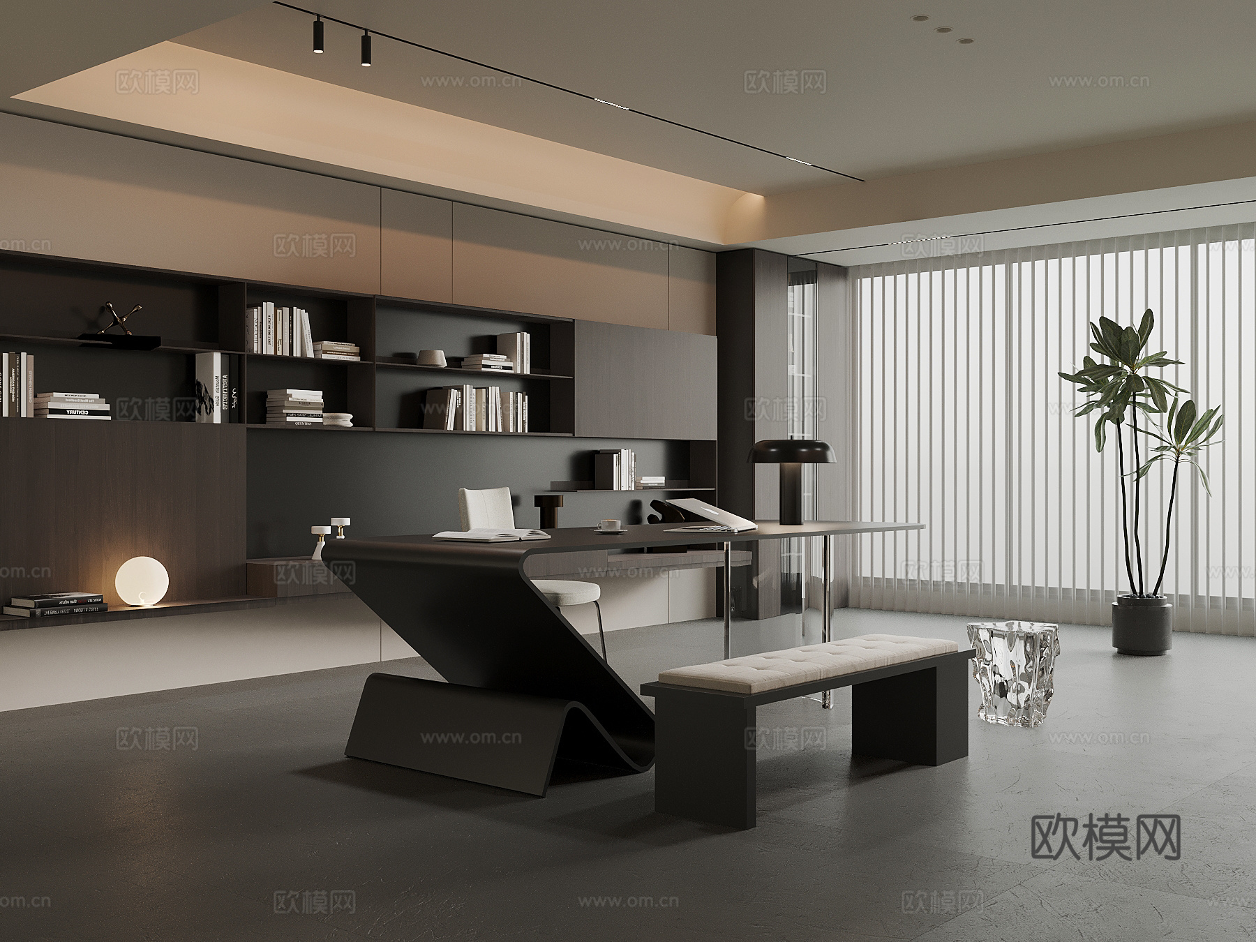 现代意式书房 书柜 背景墙 书桌椅3d模型