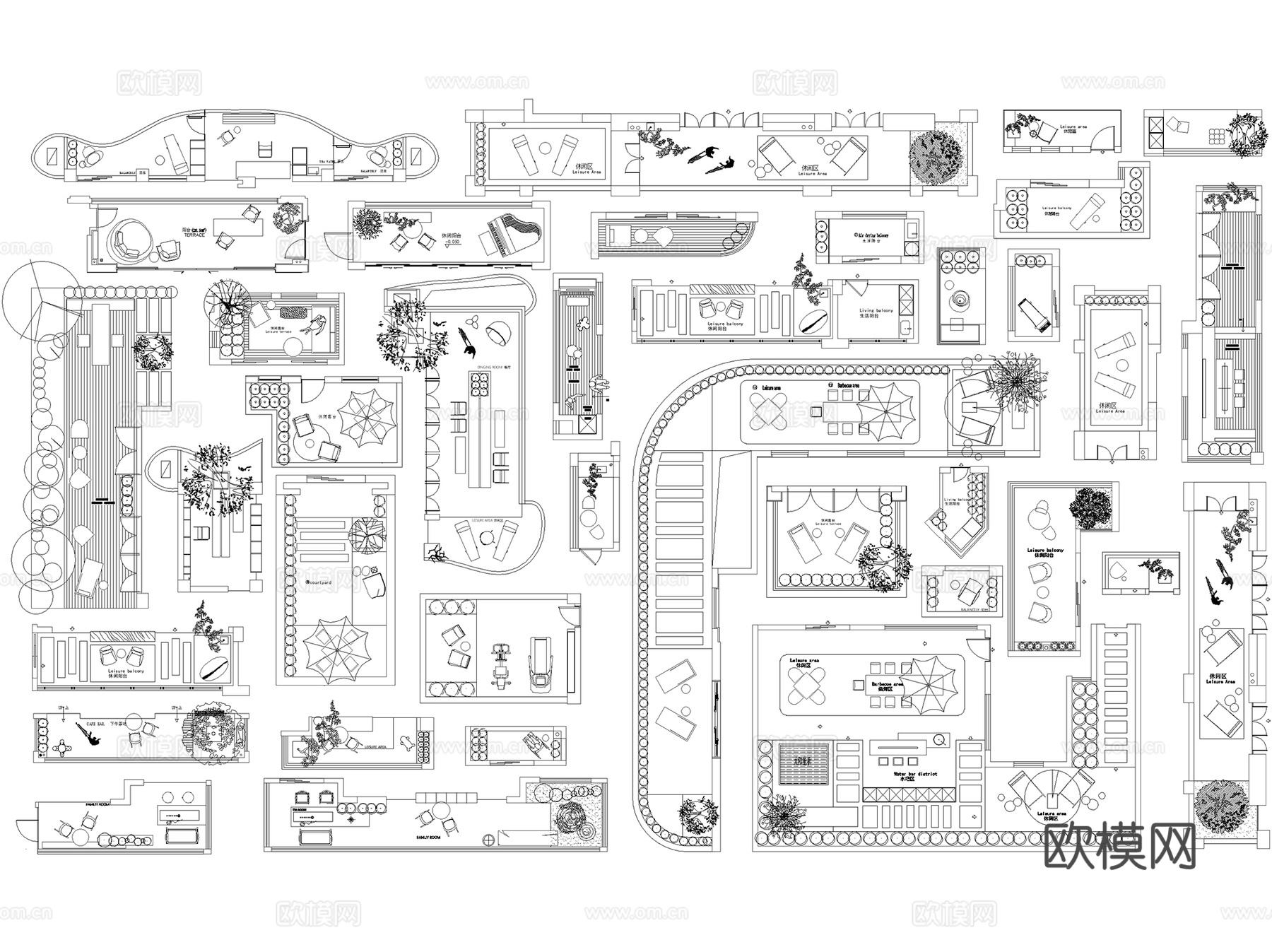阳台露台空中花园庭院平面布置图CAD图块图库集 13套cad施工图