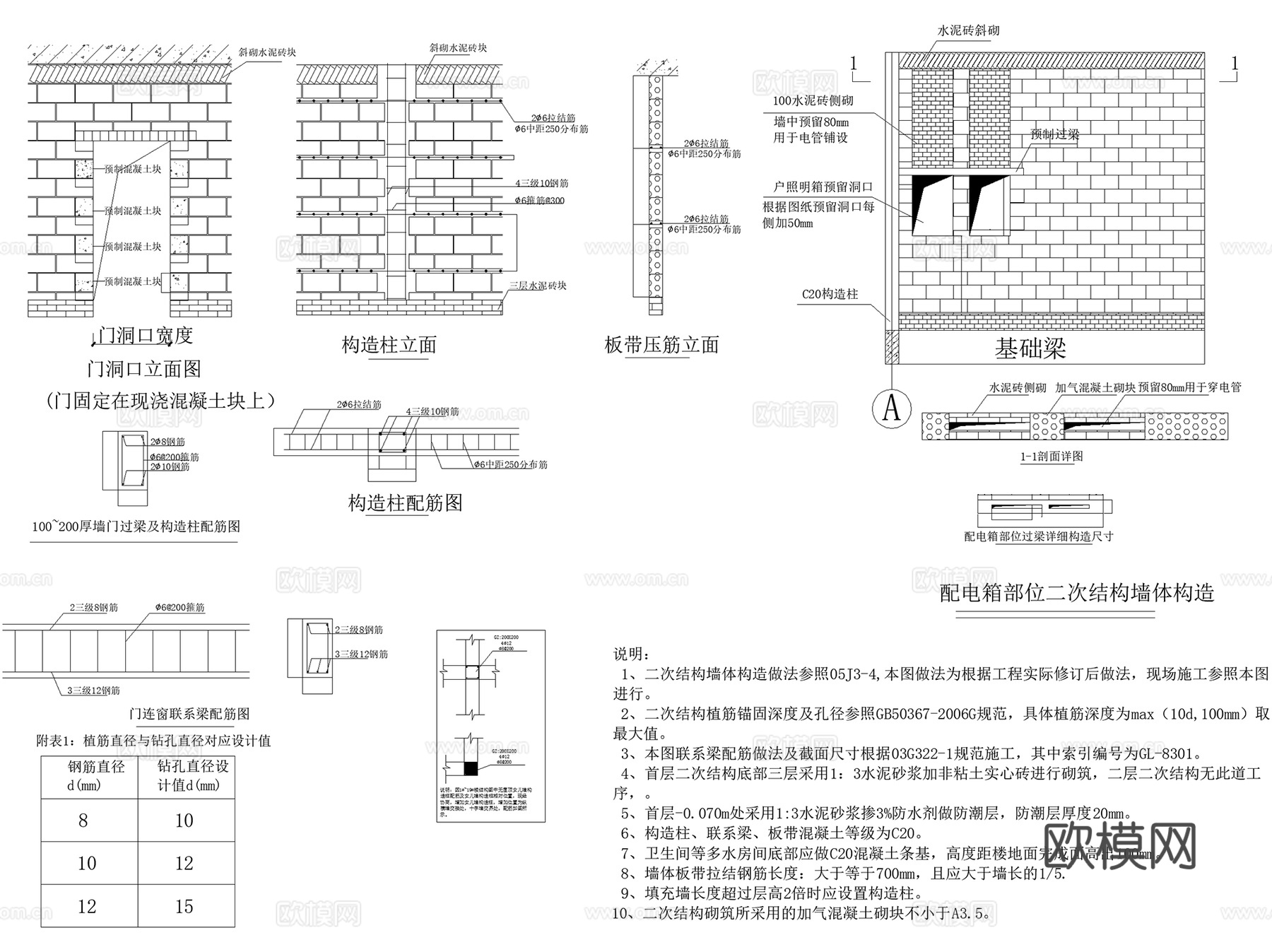 砖墙砌体结构砖块隔墙围墙门窗洞口砌筑节点CAD施工图集11套cad施工图