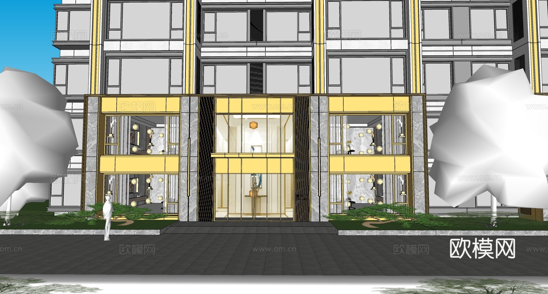 现代小区单元楼入户门 小区楼栋双开门 小区入户大门su模型