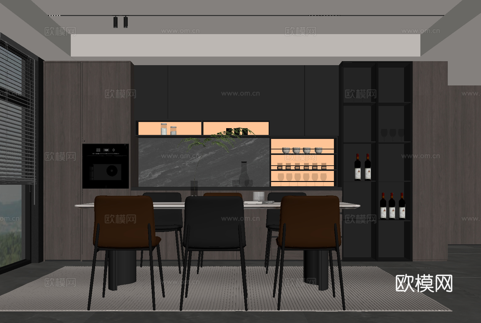 现代意式餐厅 餐桌椅 餐边柜su模型