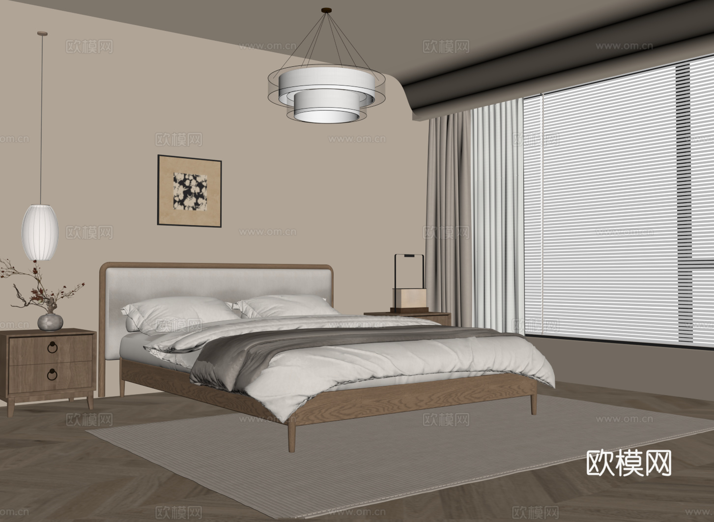 中古风卧室 床 床头柜su模型