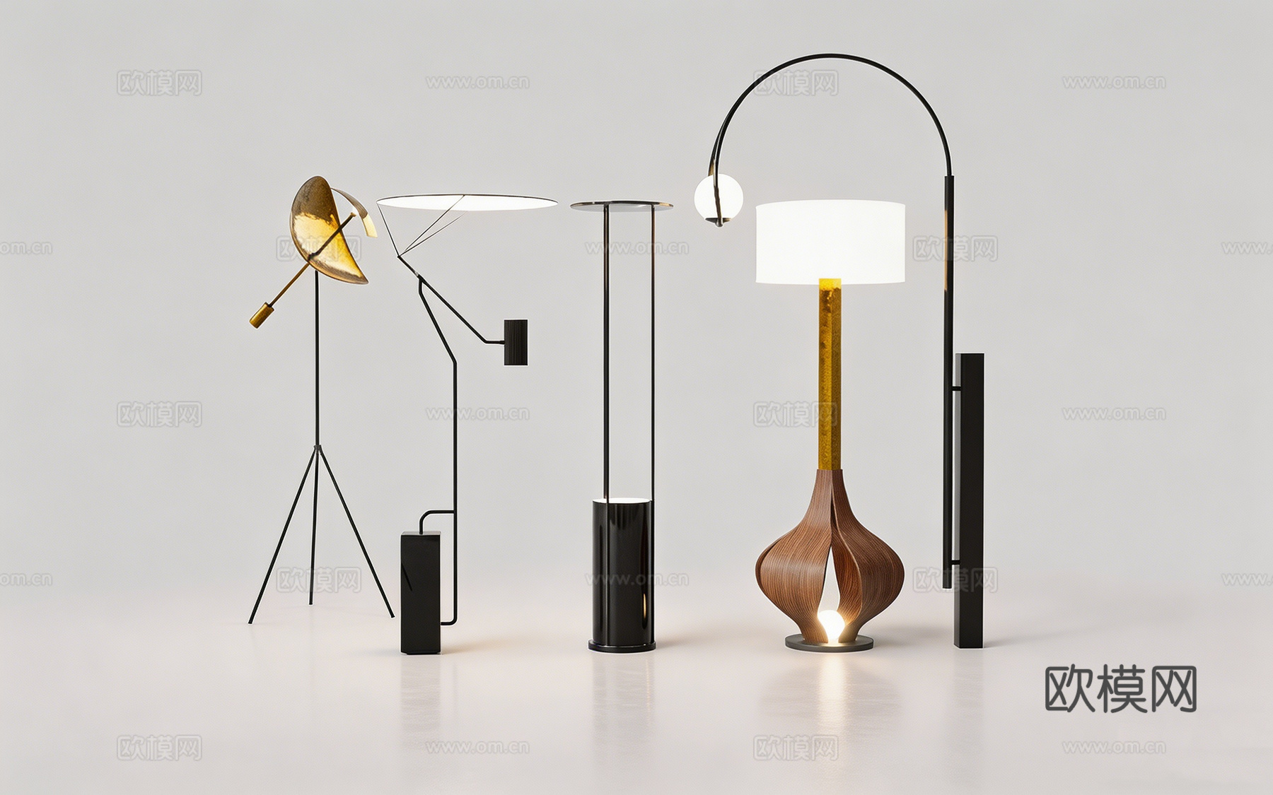 意式轻奢金色弯曲顶面落地灯 细黑支架 客厅角落艺术灯 金色叶su模型