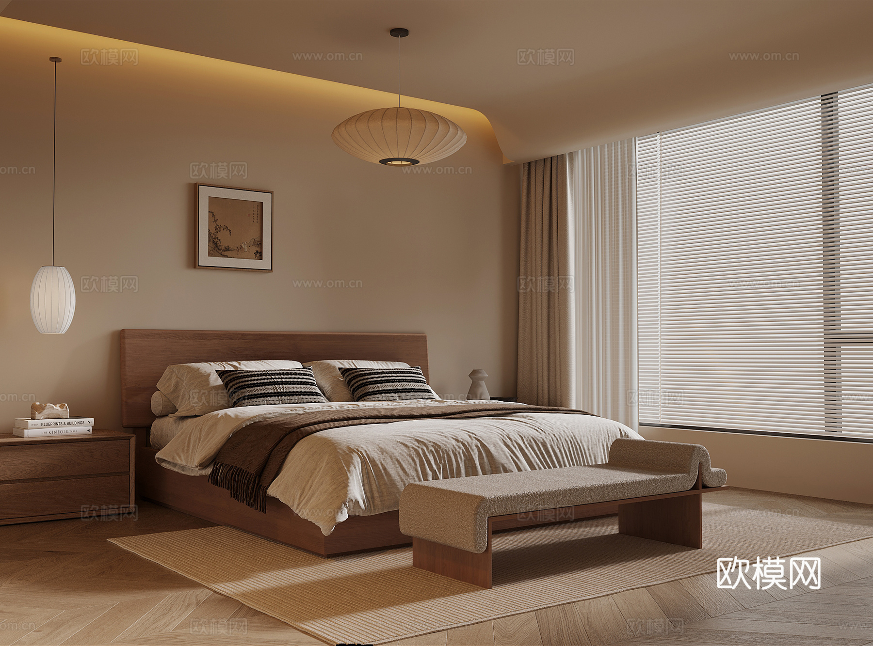 中古风卧室 床 床头柜su模型