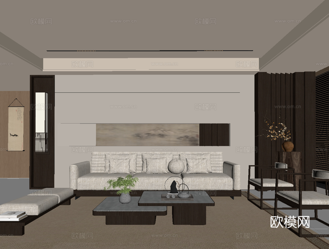 新中式客厅 沙发茶几组合 背景墙su模型