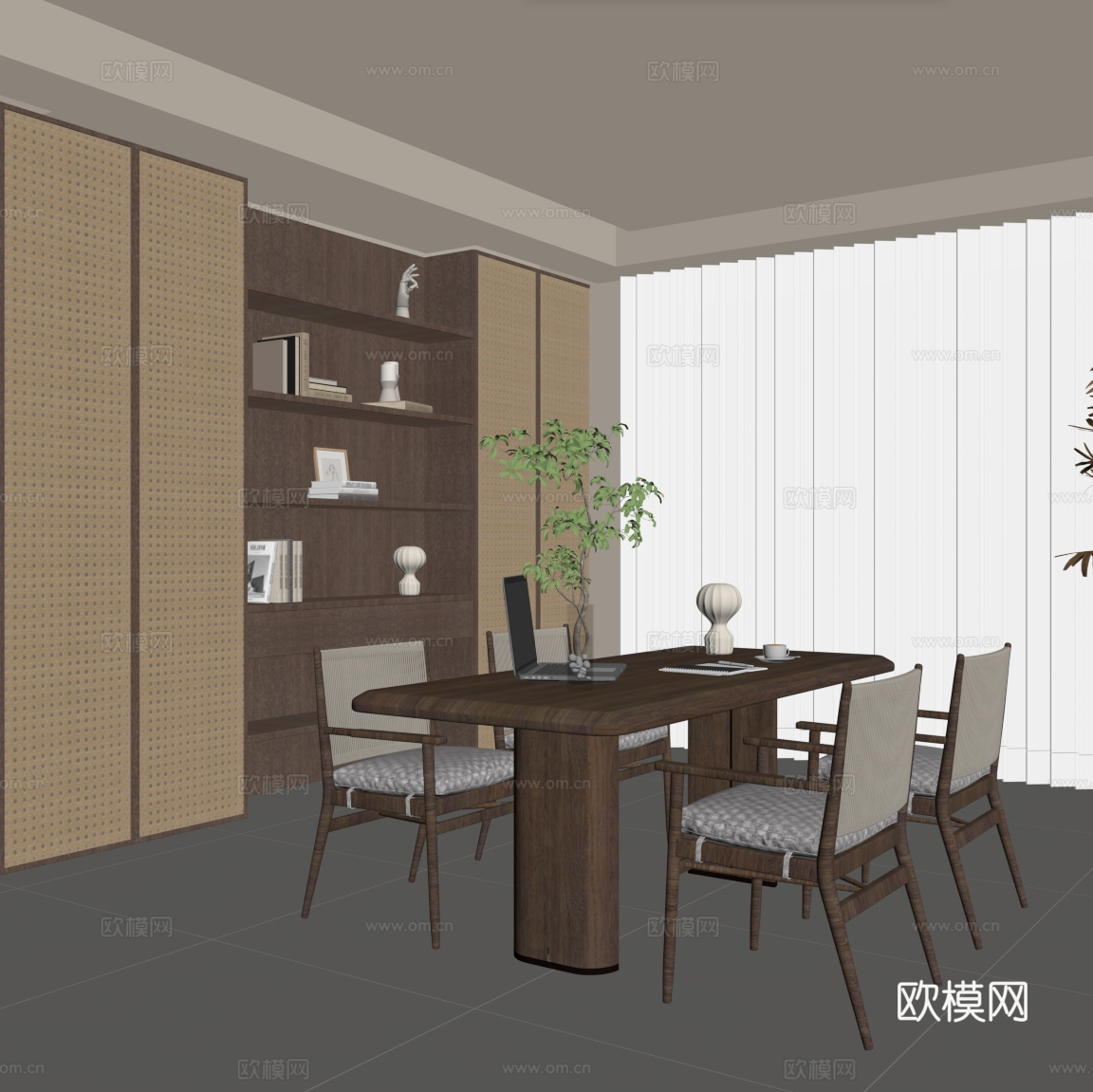 新中式书房 书桌椅su模型