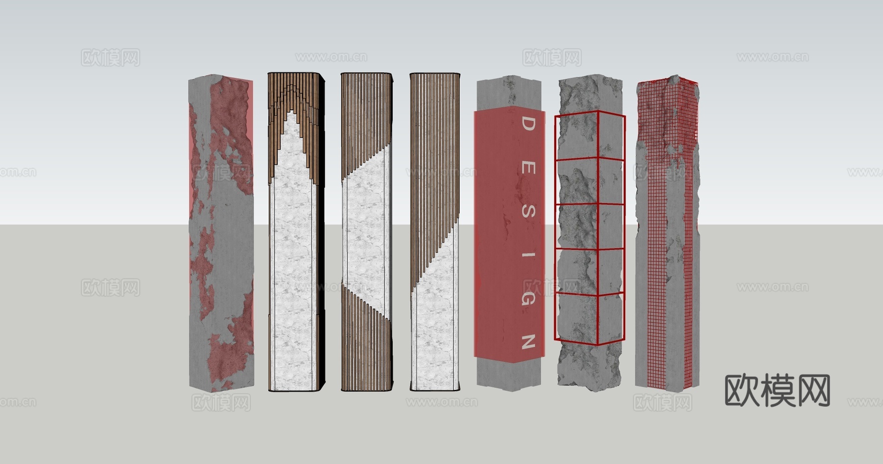 创意多材质建筑装饰柱 斑驳漆面 大理石拼接 网格结构 装饰su模型
