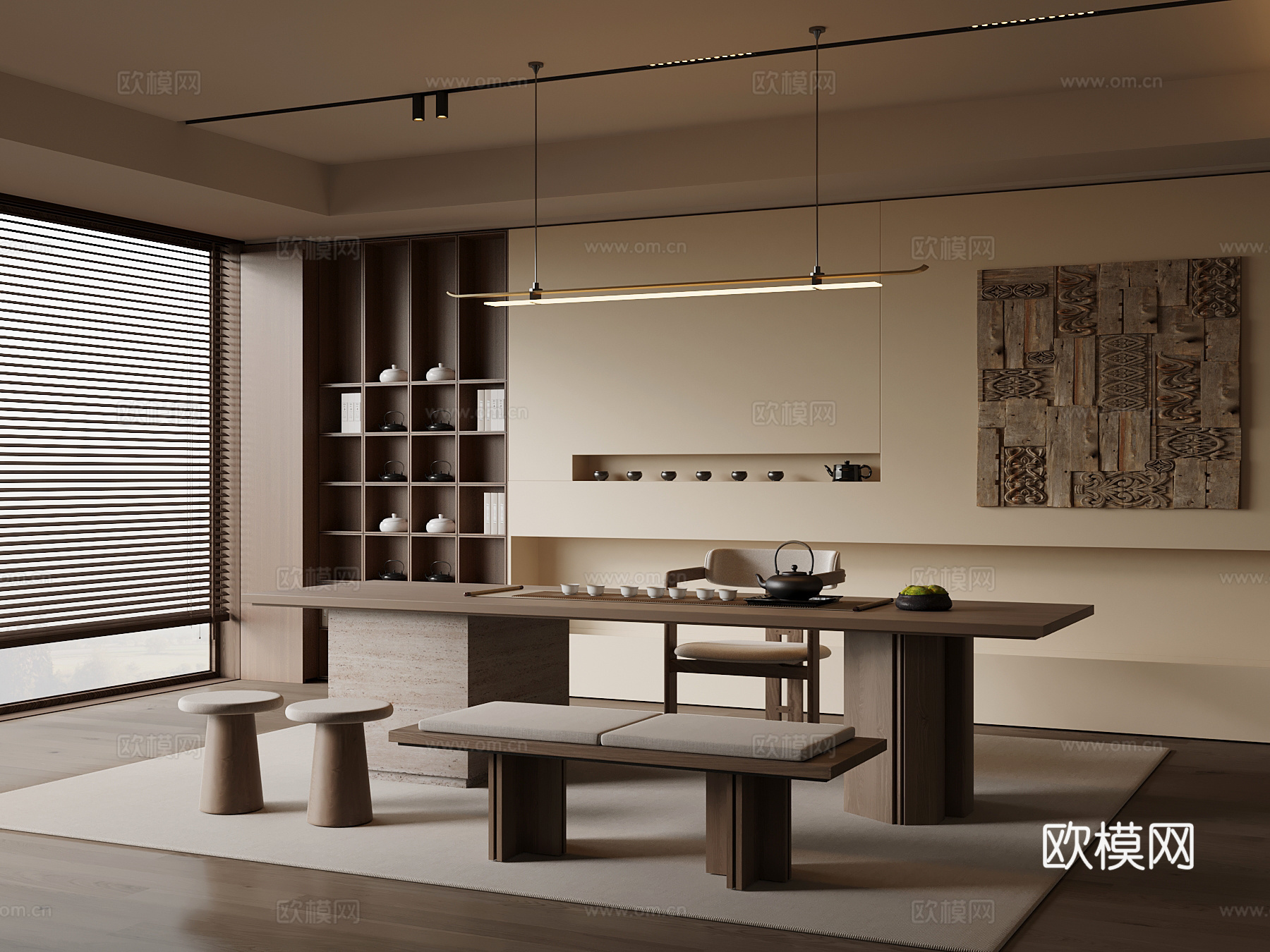 新中式茶室 茶桌椅 茶室背景墙su模型