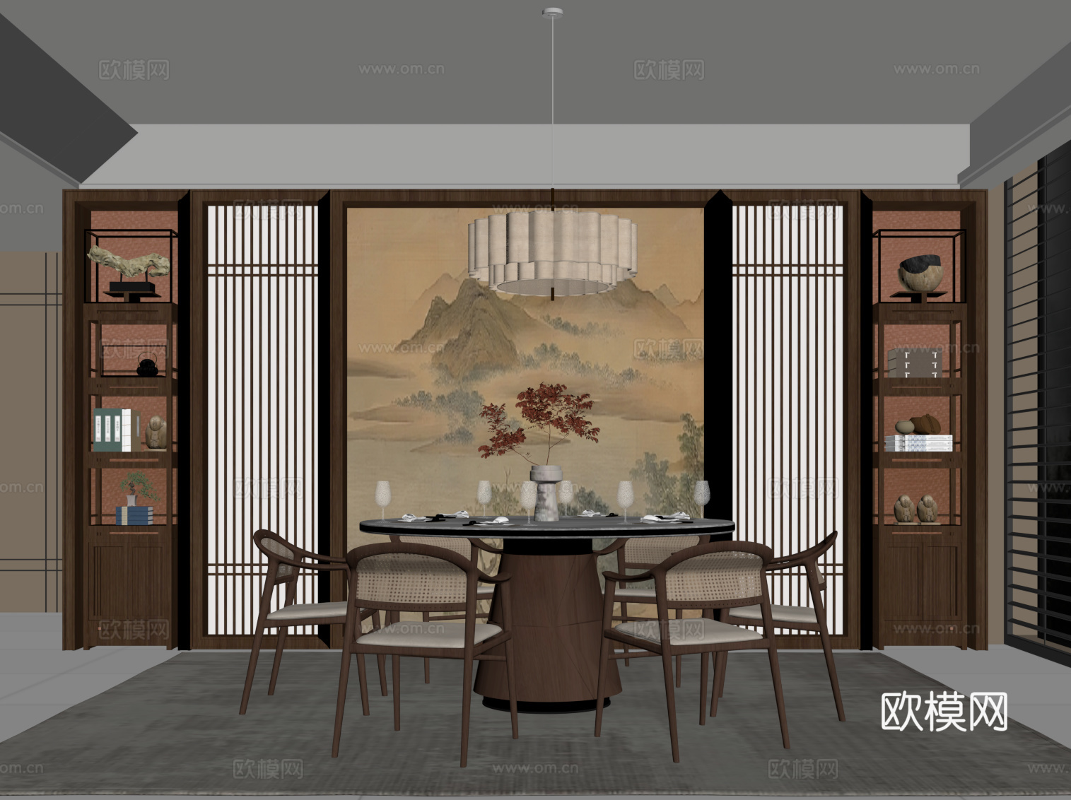 新中式餐厅 餐桌椅su模型