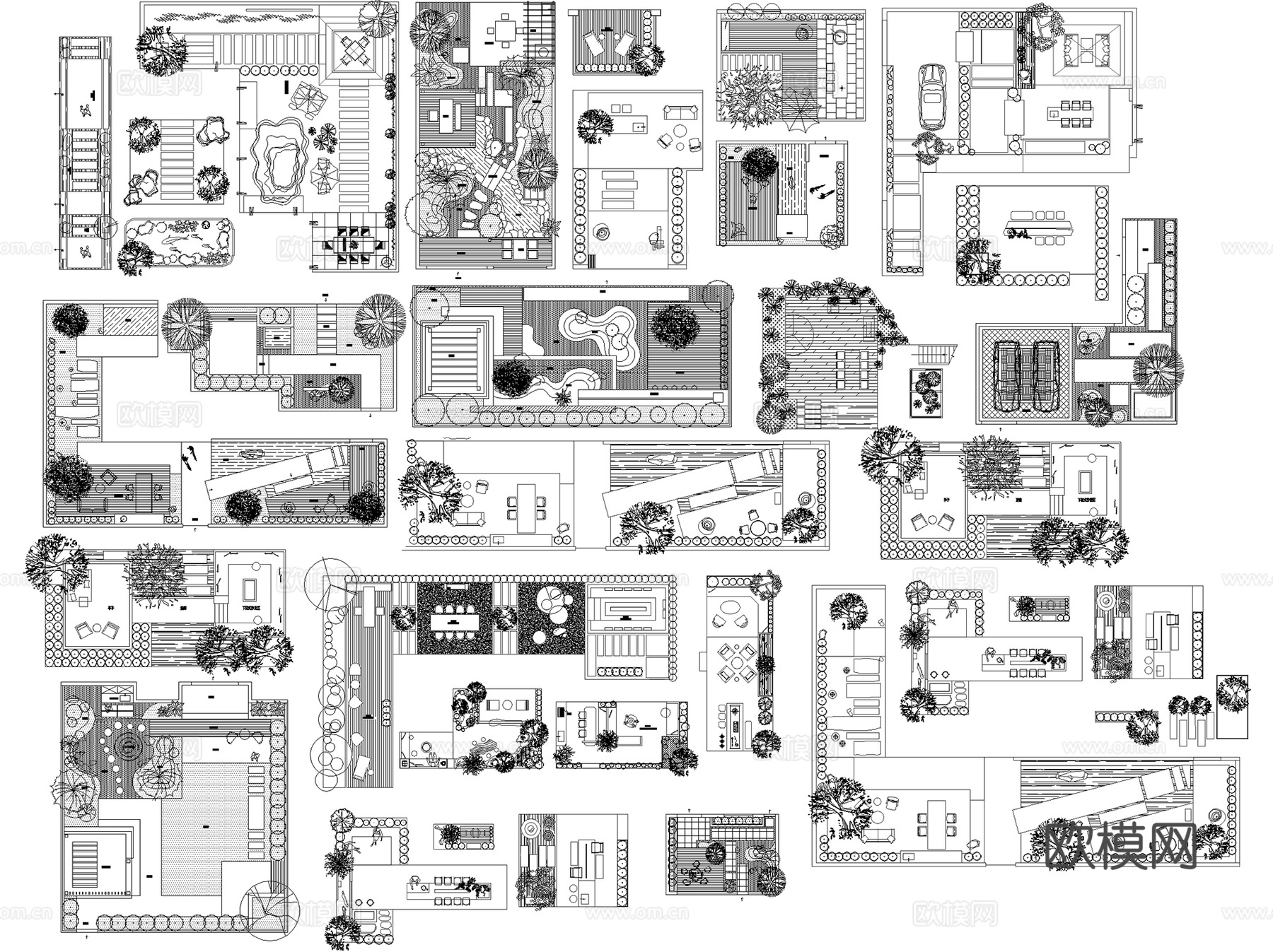 阳台露台空中花园庭院平面布置图CAD图块图库集 13套cad施工图