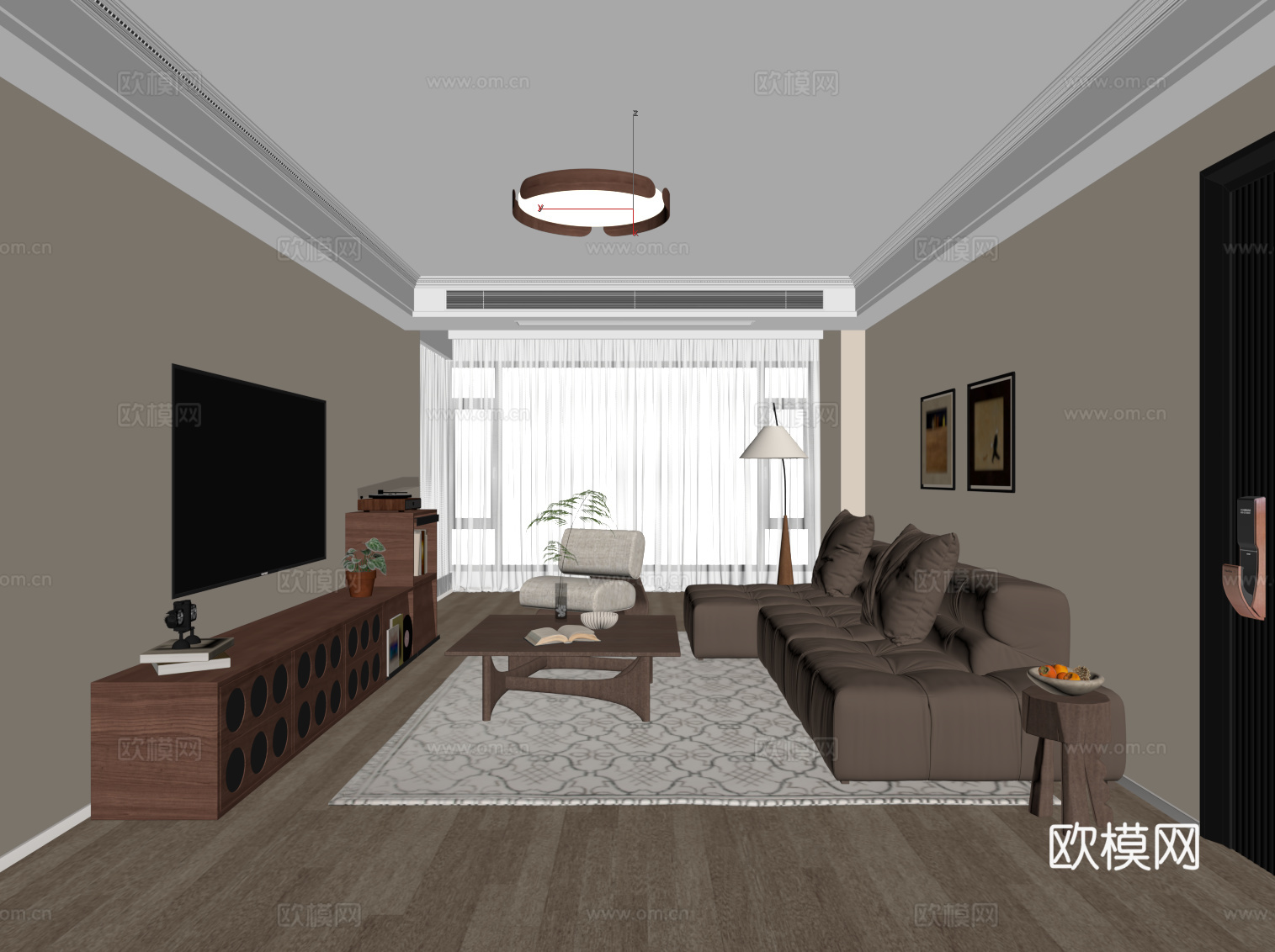 中古复古风家居客厅 电视柜 沙发茶几组合 吸顶灯su模型