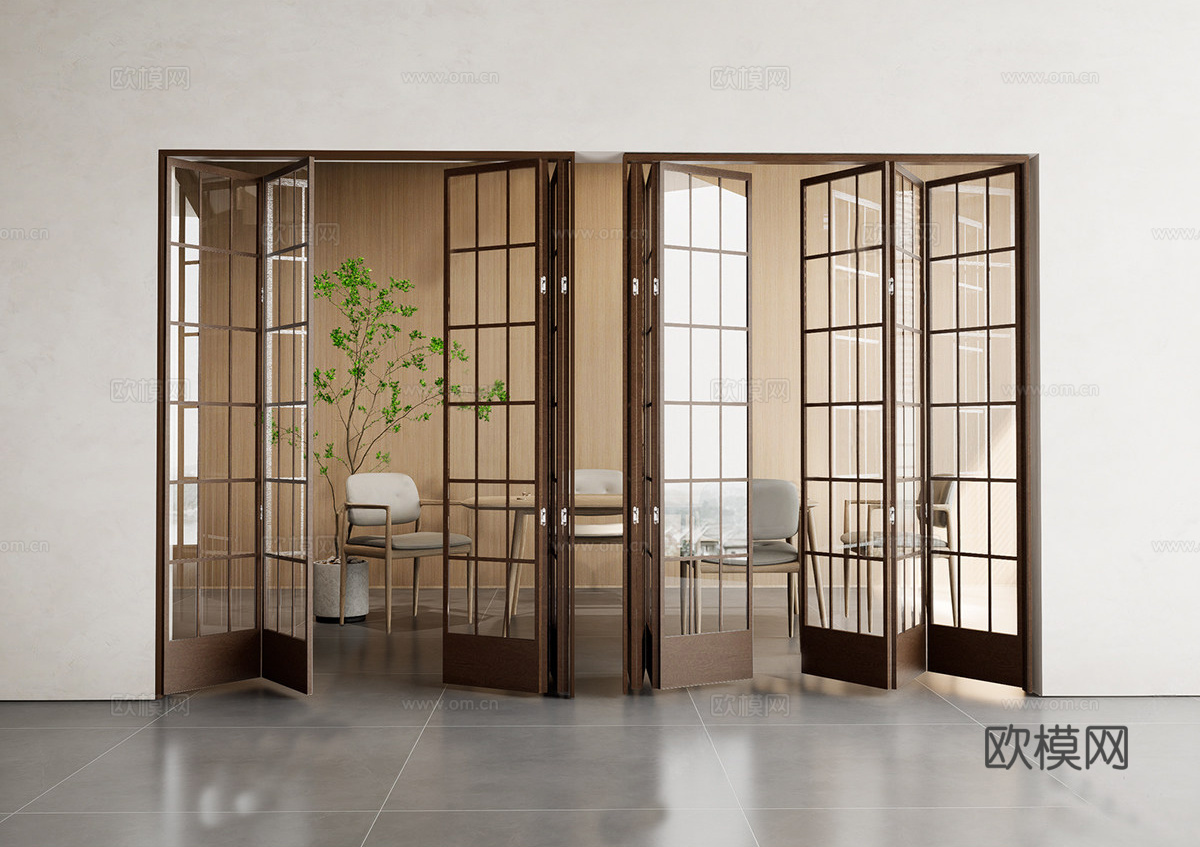 新中式折叠门 简约折叠门 中式折叠门su模型