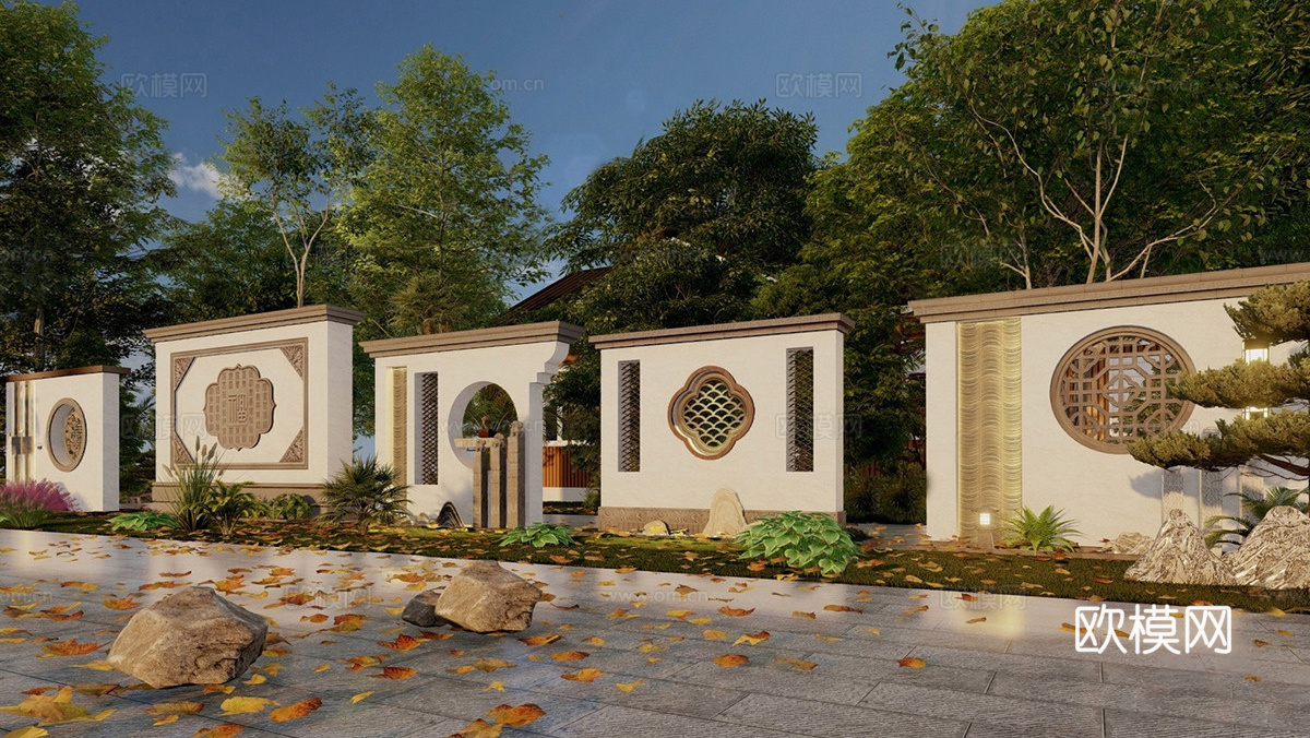 新中式镂空雕景墙 花围墙景墙 影壁 别墅庭院照壁su模型