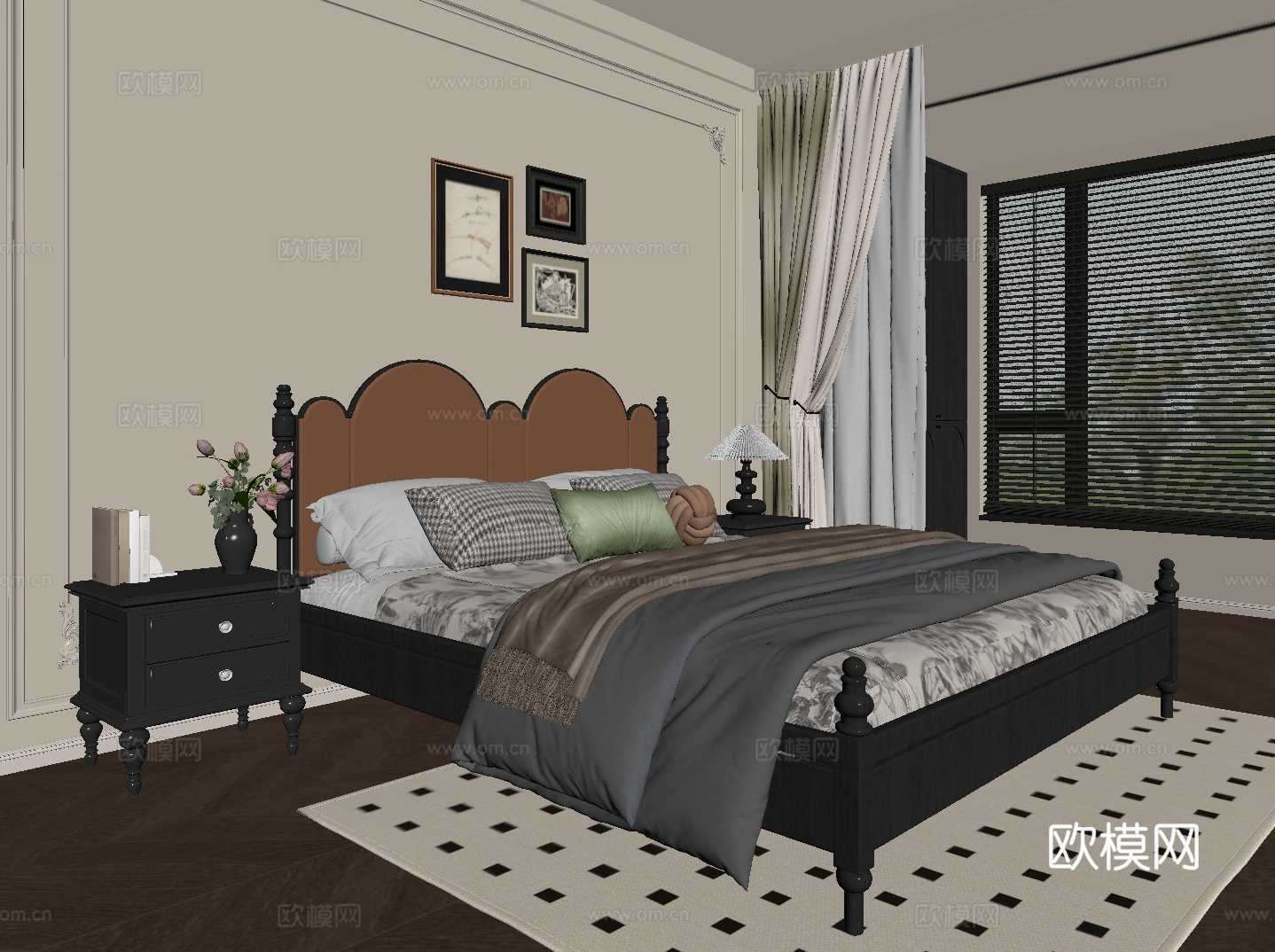 法式复古卧室 双人床su模型