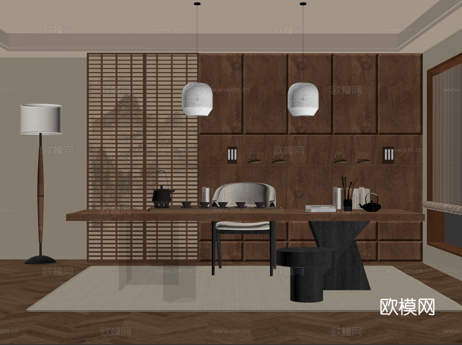 中古风茶室 茶柜 茶桌椅su模型