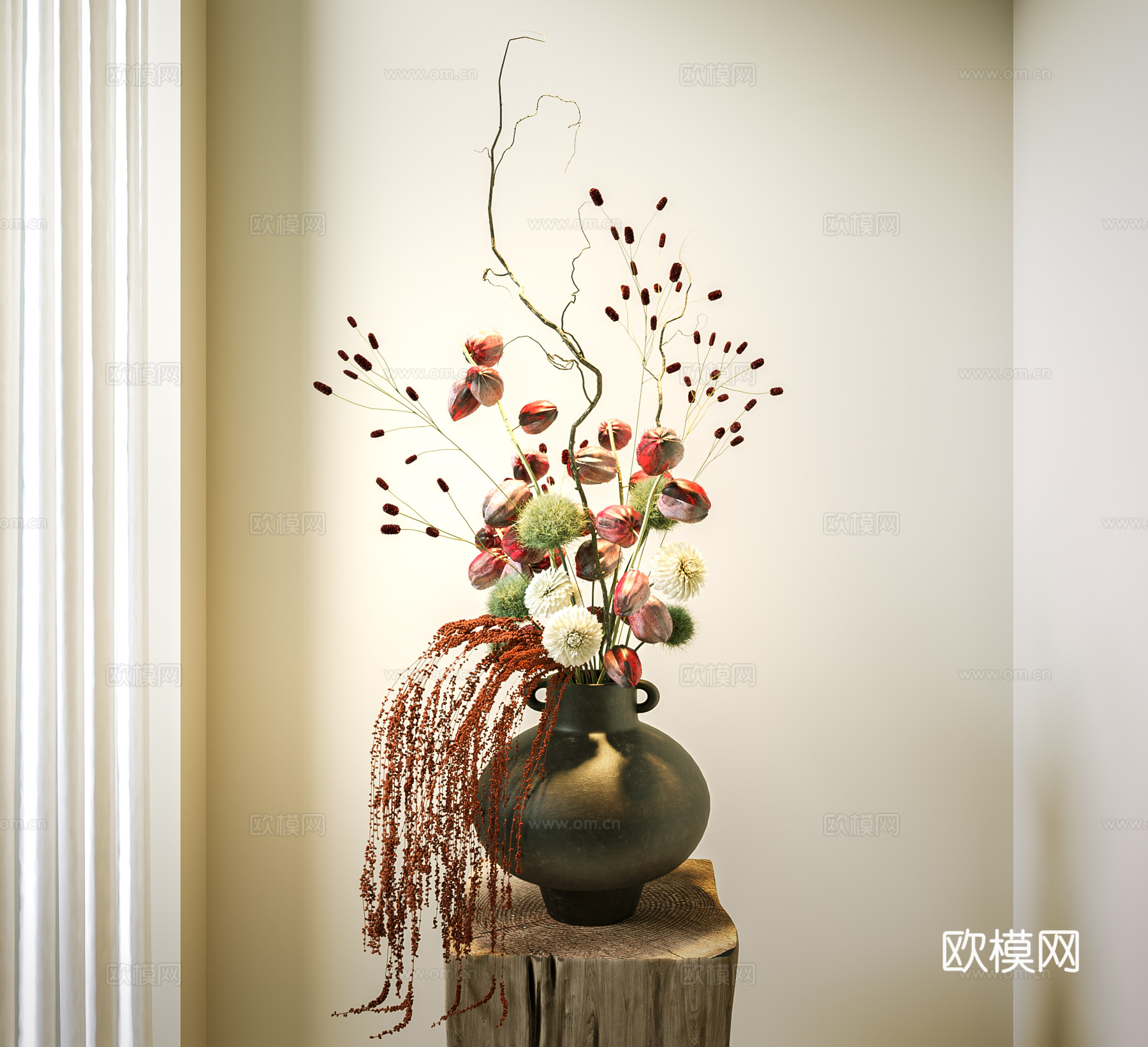 花瓶 中古花艺盆景 陶罐花瓶 干枝花艺 装饰摆件 侘寂花 现su模型