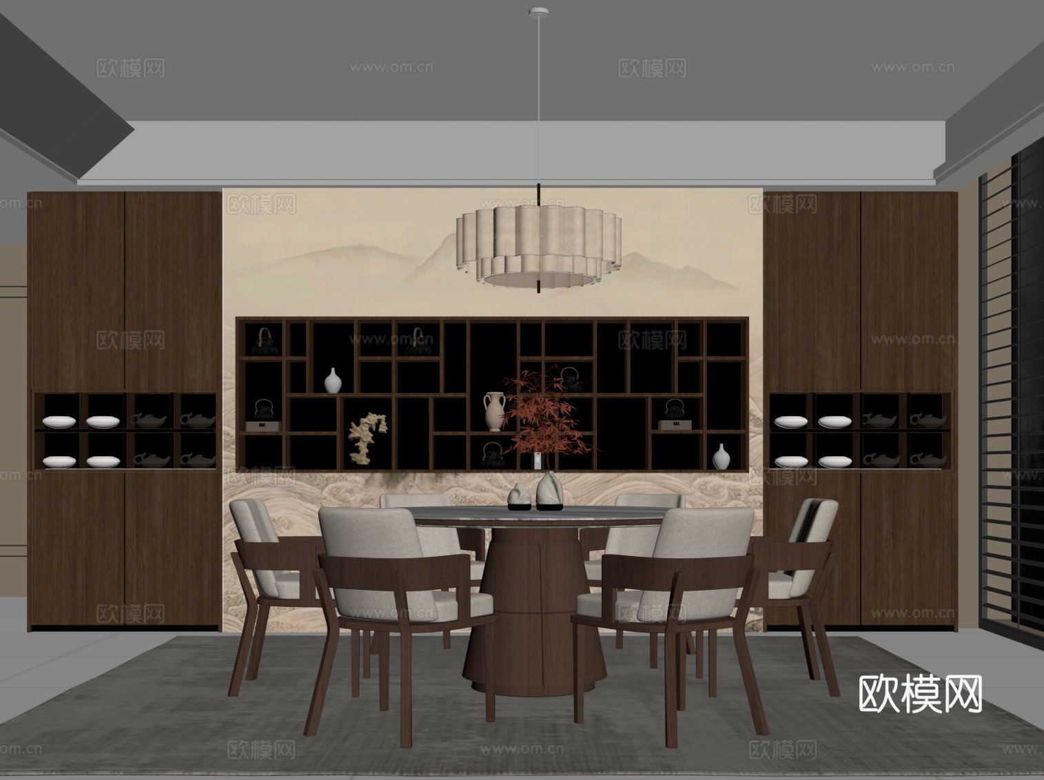 新中式餐厅 餐桌椅su模型