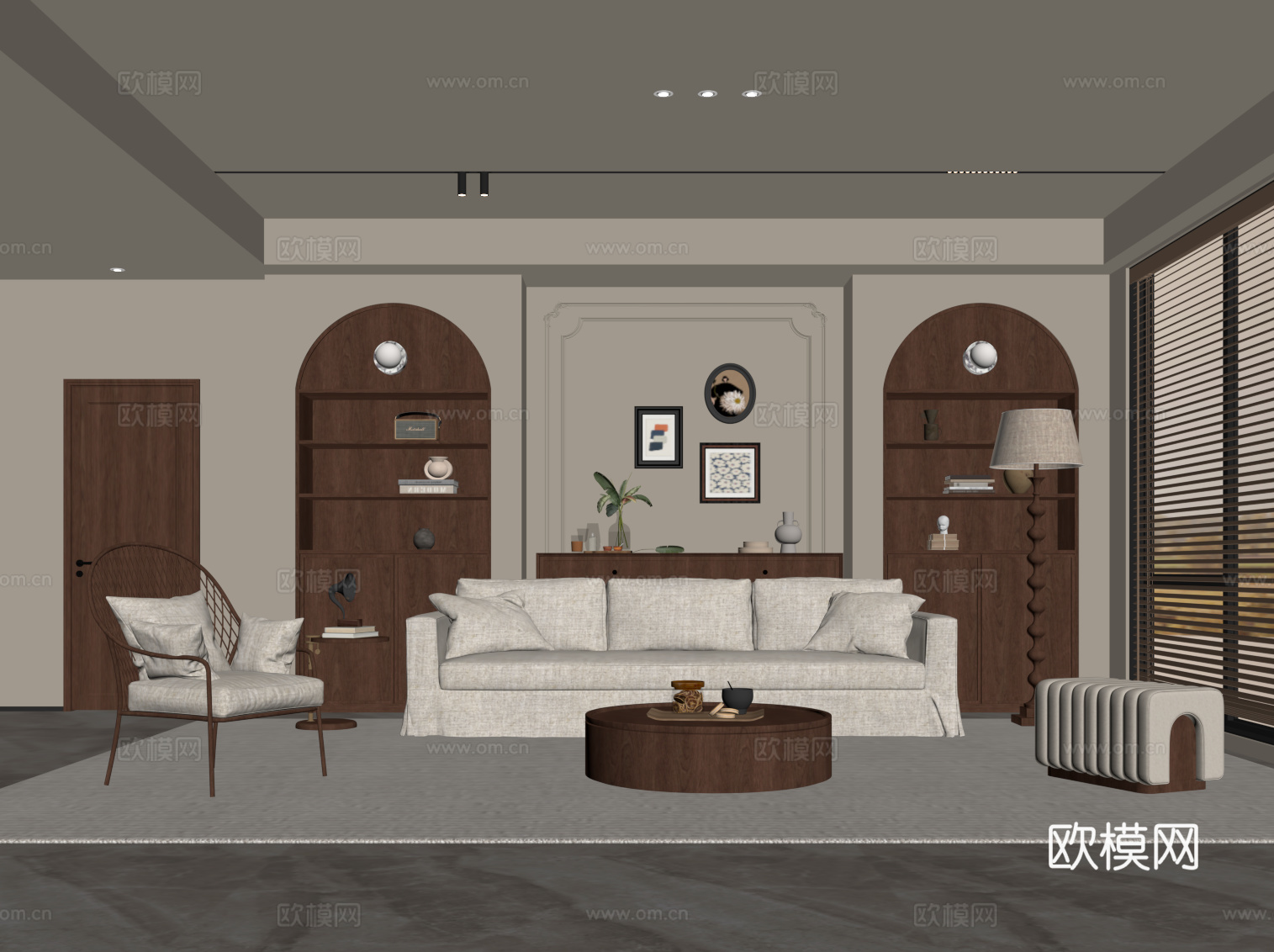 法式中古风客厅 家居客厅 沙发茶几组合 置物柜背景墙su模型