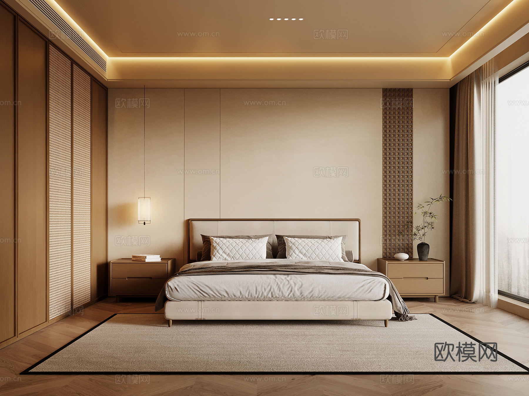 新中式卧室 衣柜 床 床头柜su模型