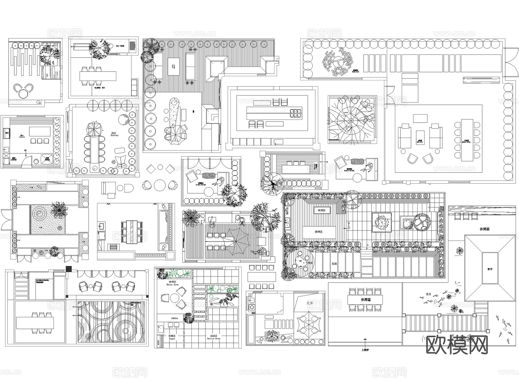 阳台露台空中花园庭院平面布置图CAD图块图库集 13套cad施工图