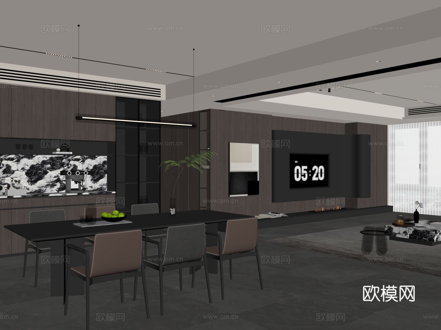 现代意式客餐厅 沙发茶几组合 电视背景墙 酒柜su模型