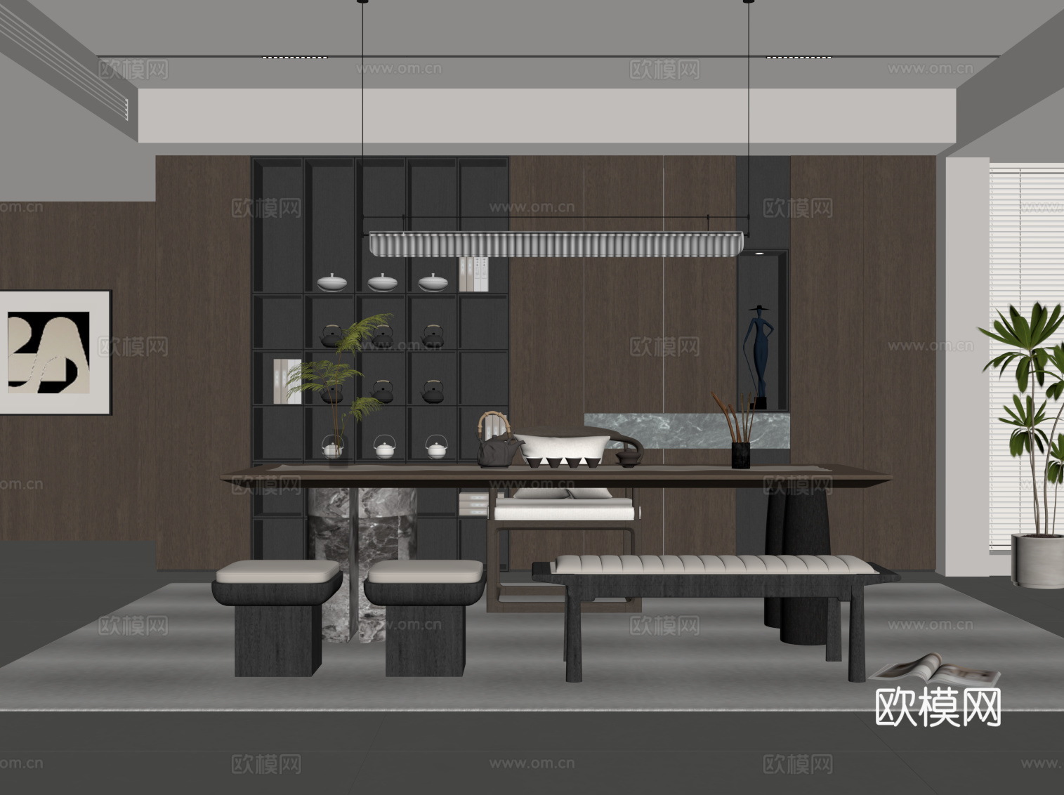 现代意式茶室 茶桌椅 茶柜su模型