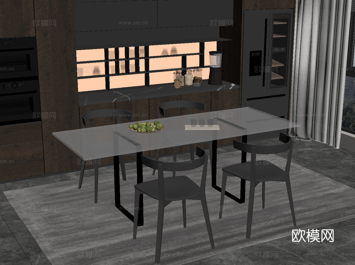 现代意式餐厅 餐桌椅 餐边柜su模型