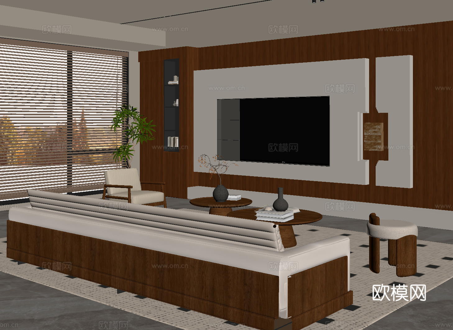 中古风客厅 电视背景墙 沙发茶几组合su模型