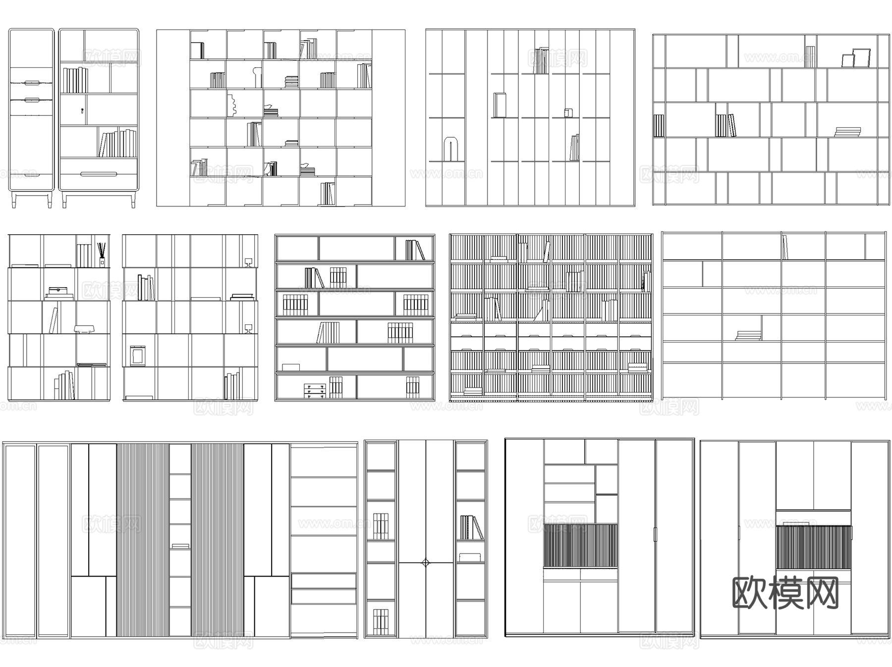 书柜书架置物架立面图库图块CAD施工图集 8套cad施工图