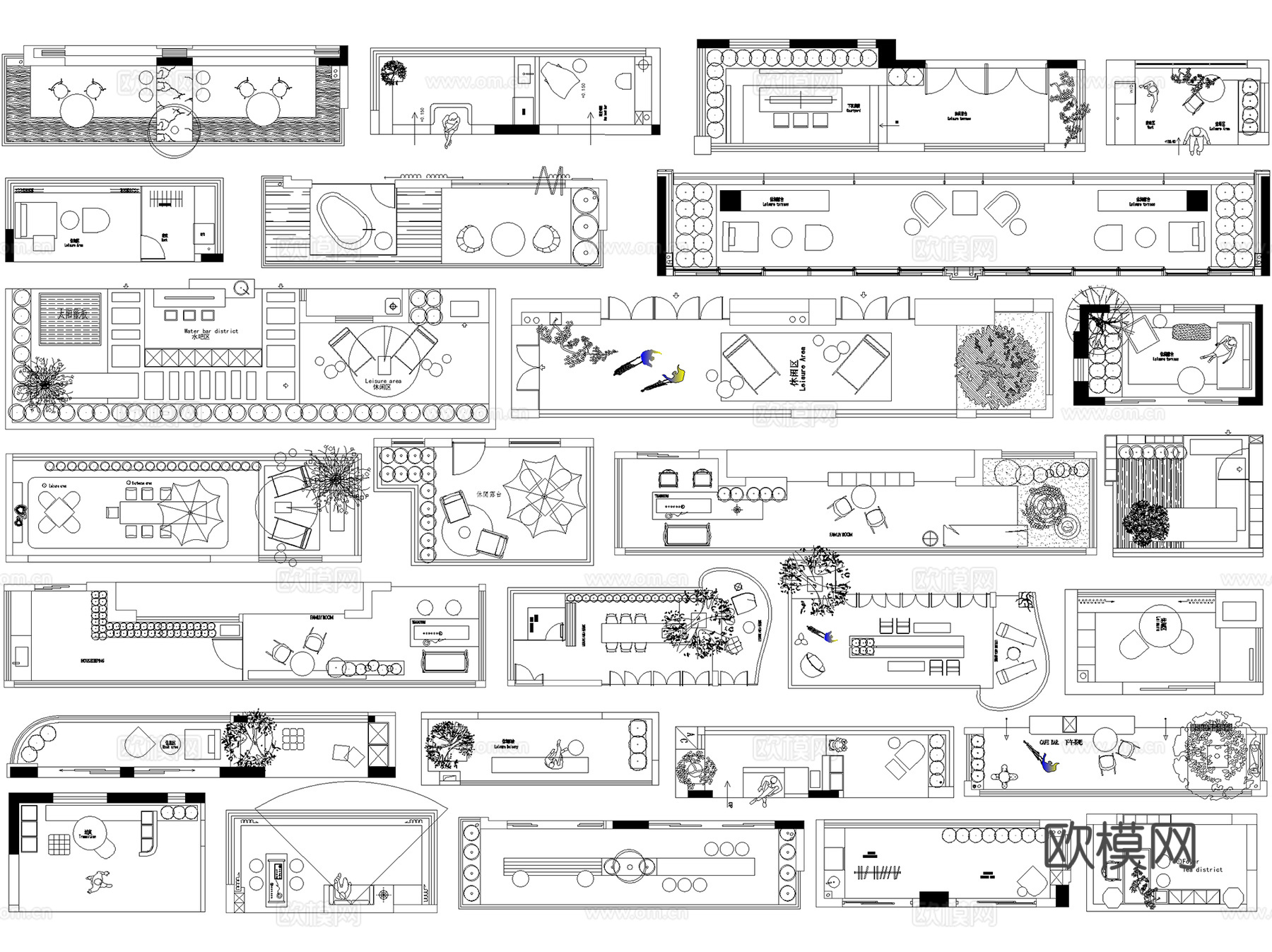 阳台露台空中花园庭院平面布置图CAD图块图库集 13套cad施工图